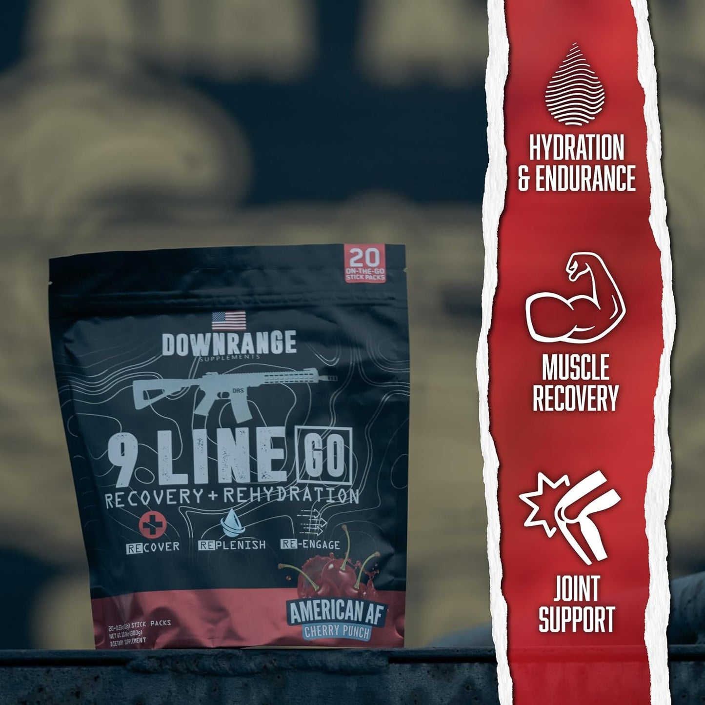 DownRange 9 Line Go Recovery Powder Packets - Electrolytes, Amino Acids, & Coconut Water for Muscle Recovery & Energy - 20 Sticks - Cherry Punch
