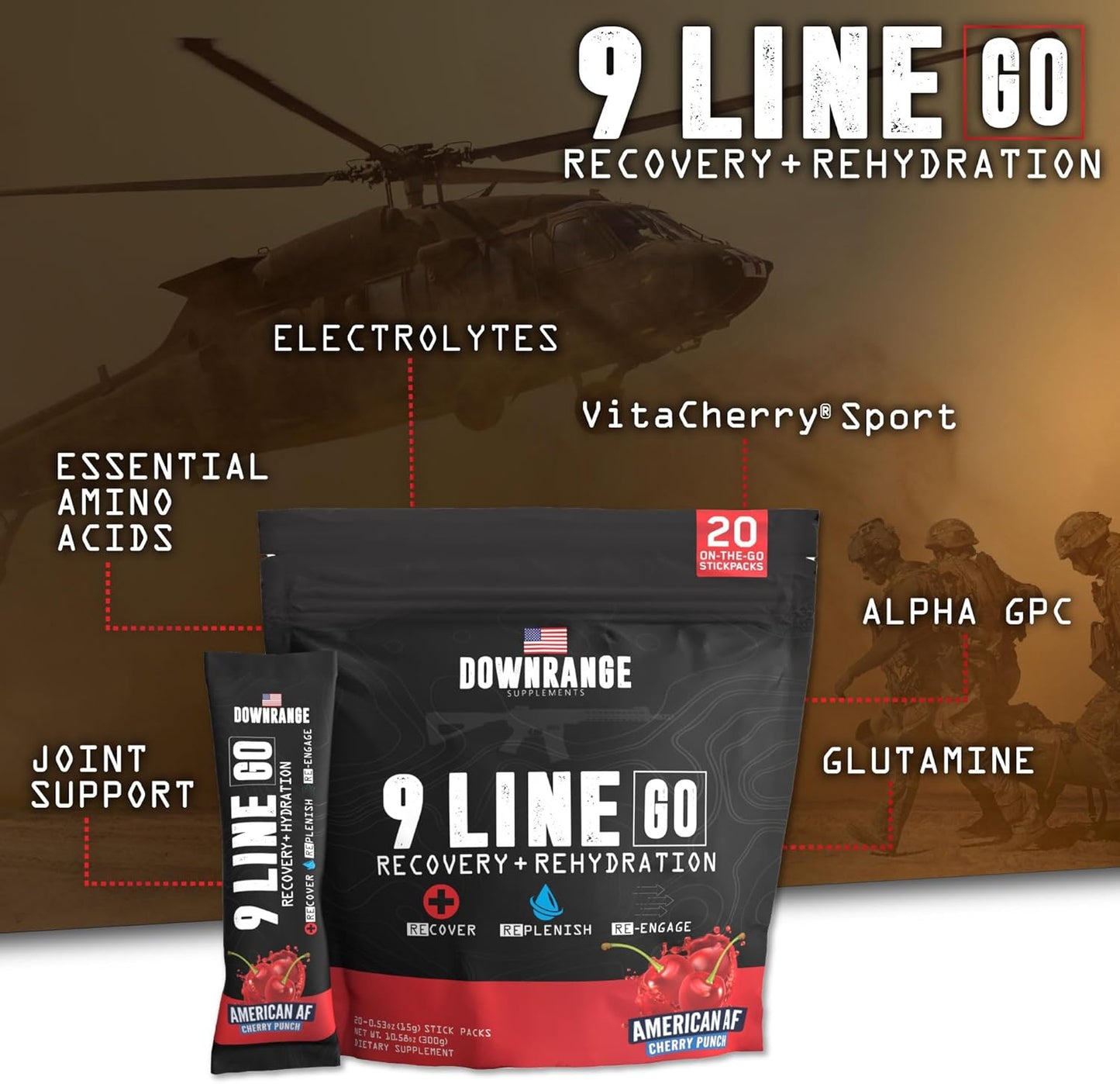 DownRange 9 Line Go Recovery Powder Packets - Electrolytes, Amino Acids, & Coconut Water for Muscle Recovery & Energy - 20 Sticks - Cherry Punch