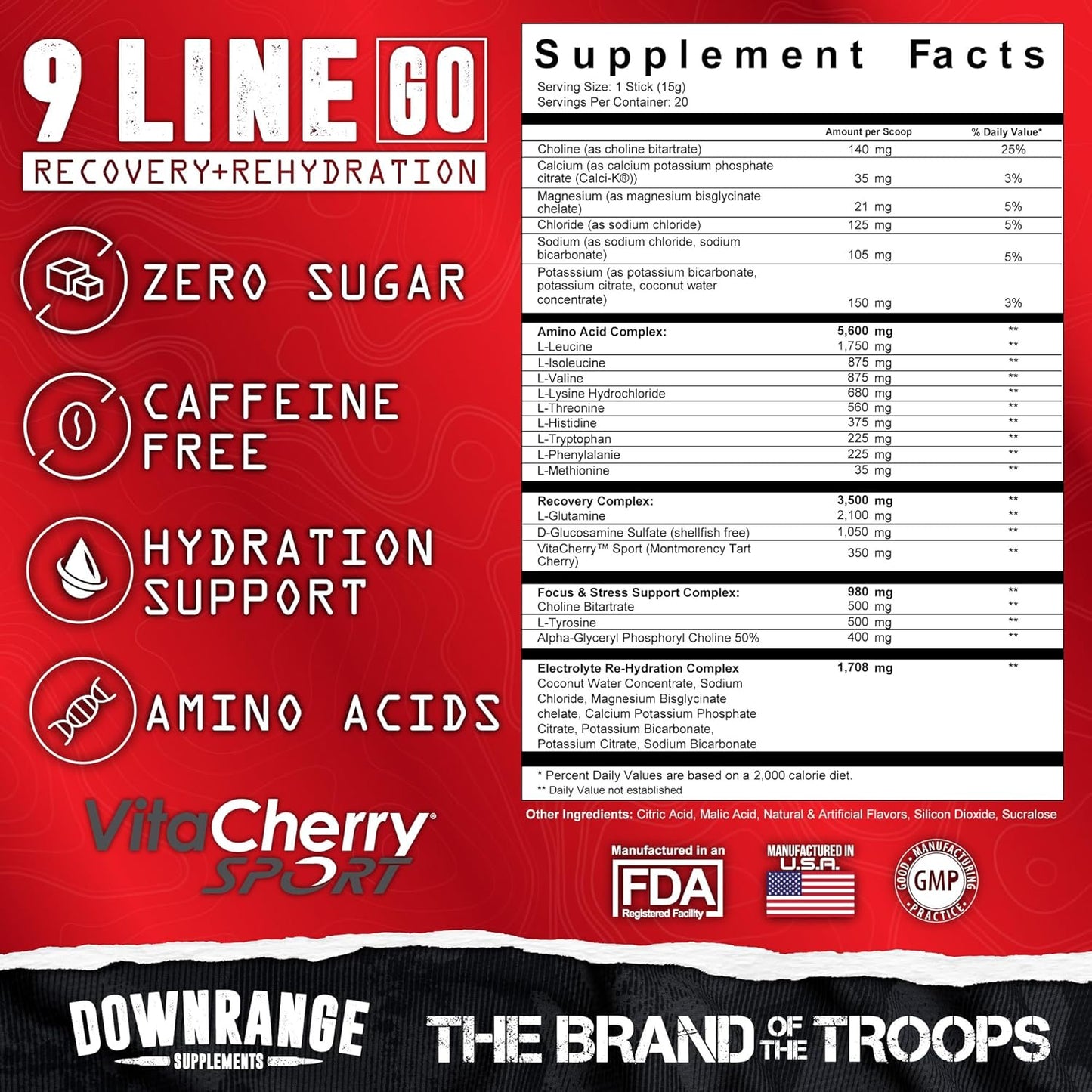 DownRange 9 Line Go Recovery Powder Packets - Electrolytes, Amino Acids, & Coconut Water for Muscle Recovery & Energy - 20 Sticks - Cherry Punch