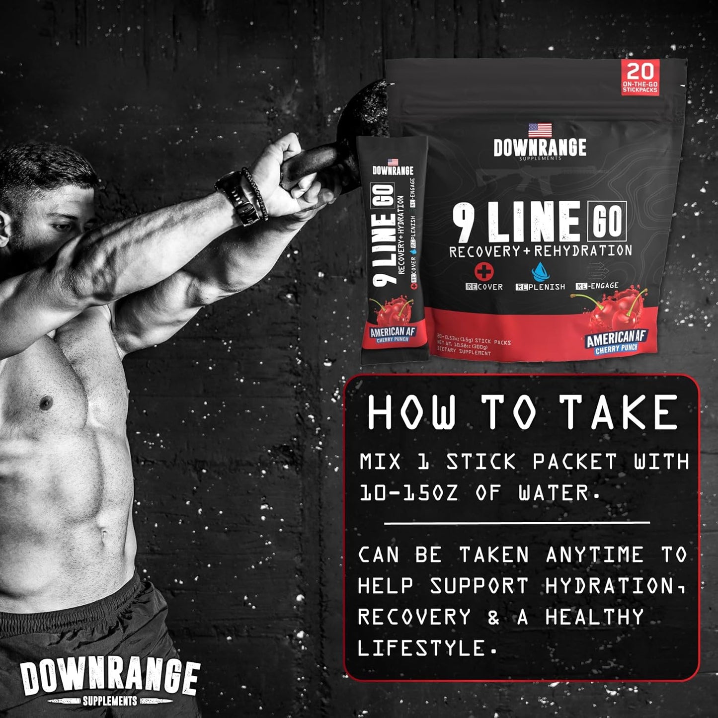 DownRange 9 Line Go Recovery Powder Packets - Electrolytes, Amino Acids, & Coconut Water for Muscle Recovery & Energy - 20 Sticks - Cherry Punch