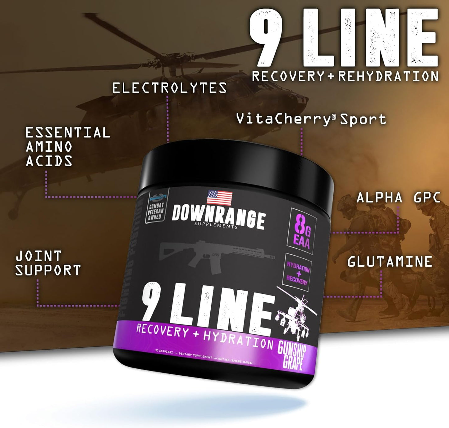 DownRange 9 Line Recovery + Hydration Powder with Electrolytes, Amino Acids & Coconut Water for Muscle Recovery, Energy & Hydration - Grape Flavor, 30 Servings