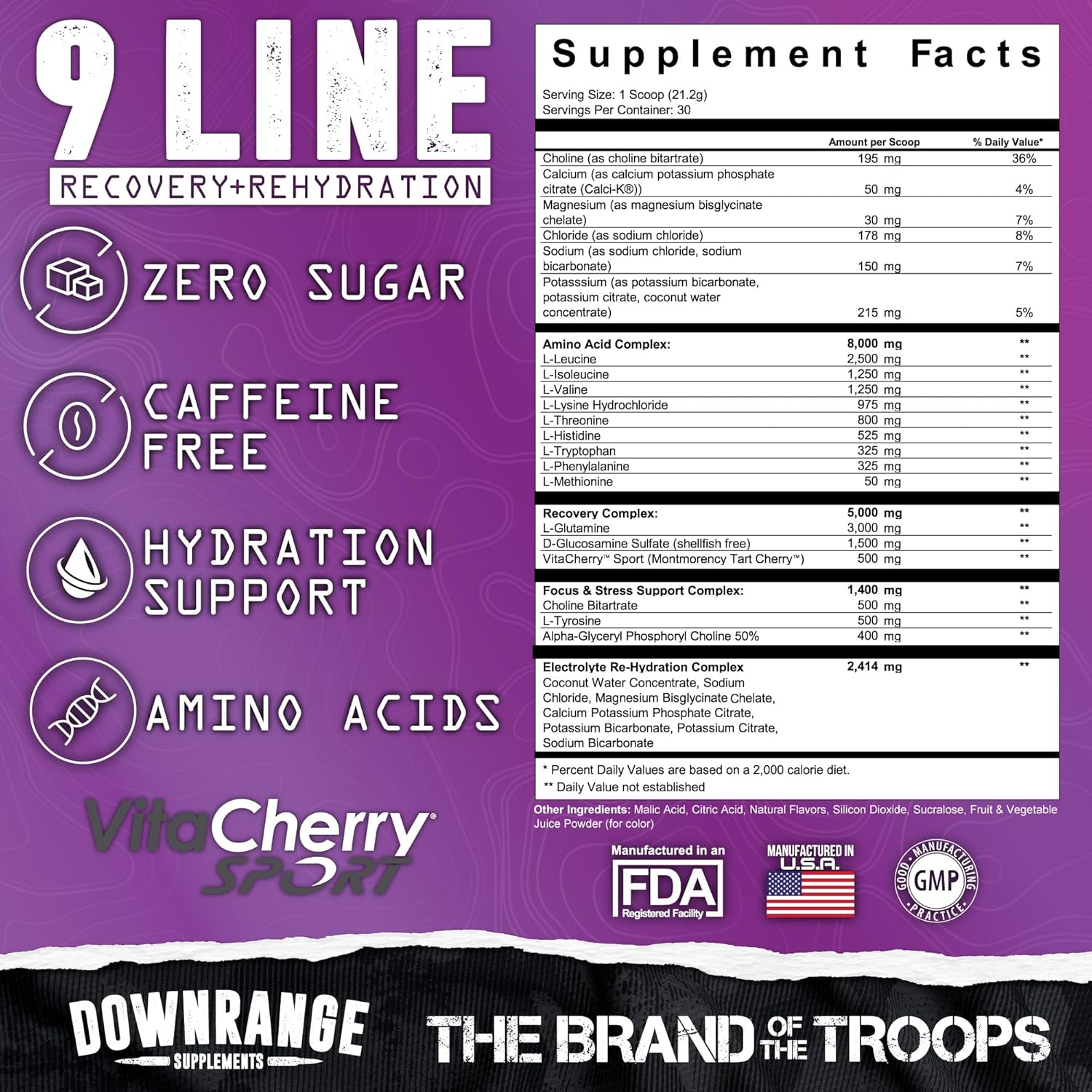 DownRange 9 Line Recovery + Hydration Powder with Electrolytes, Amino Acids & Coconut Water for Muscle Recovery, Energy & Hydration - Grape Flavor, 30 Servings