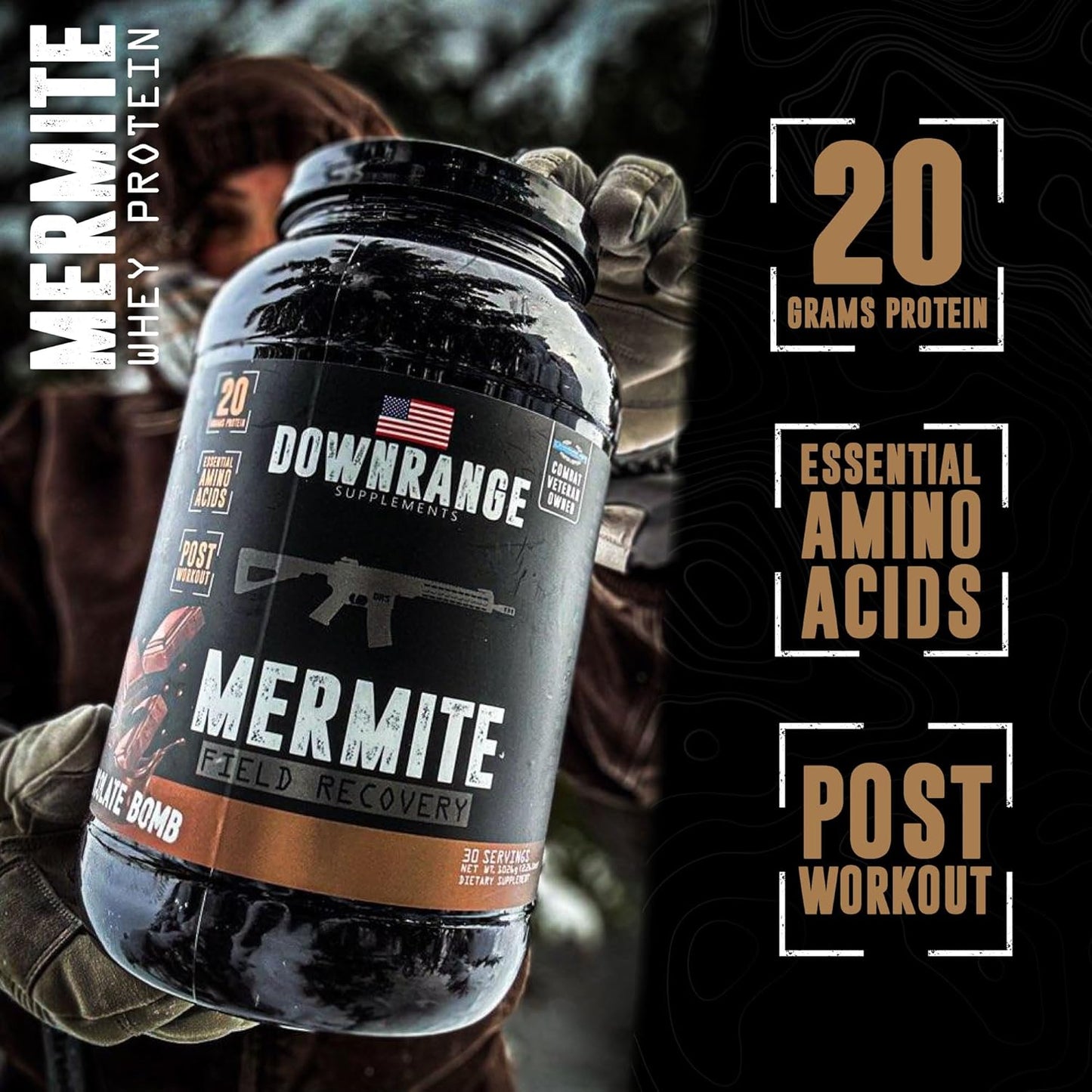 DownRange Mermite Whey Protein Powder - Post Workout Recovery, Energy Support - 20g Protein, 9g Amino Acids - Chocolate Flavor - 30 Servings