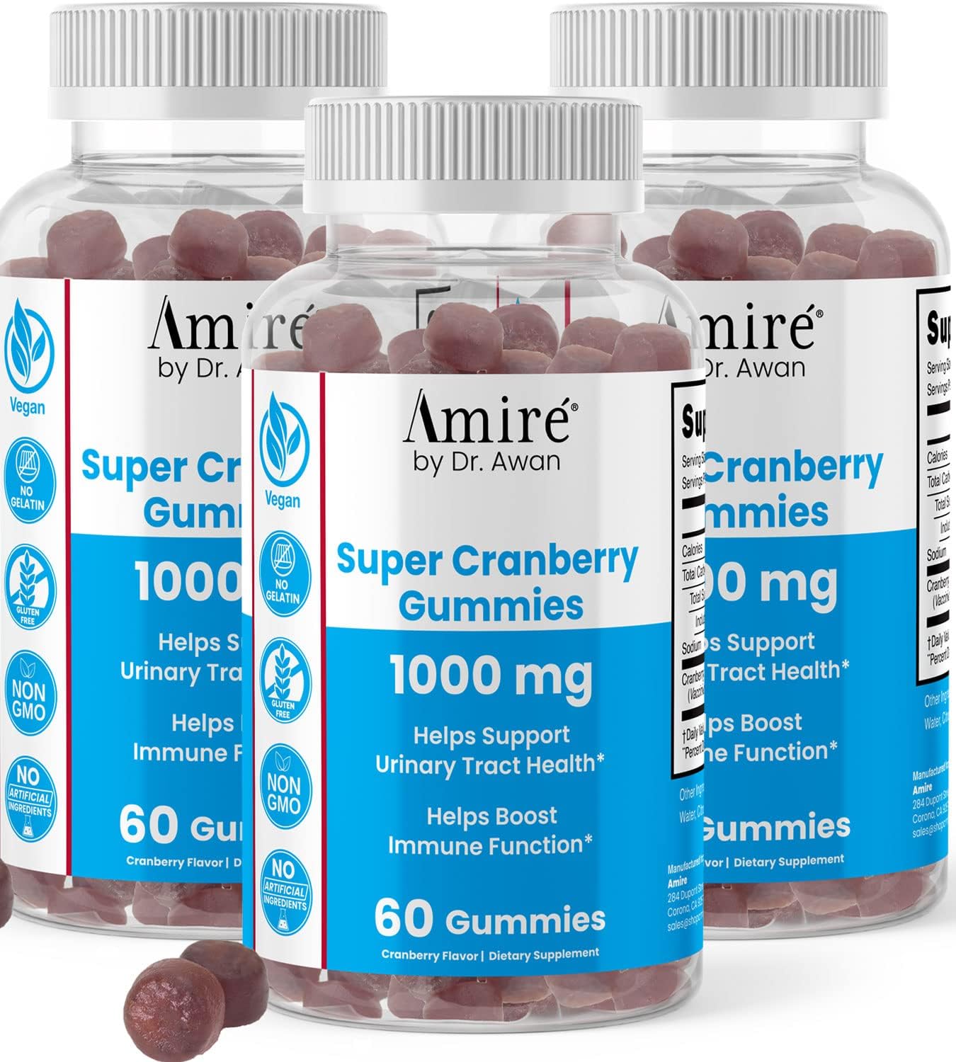 Dr. Awan's Amire Super Cranberry Gummies, 180ct, Gelatin-Free Chews for Urinary Health & Immune Support