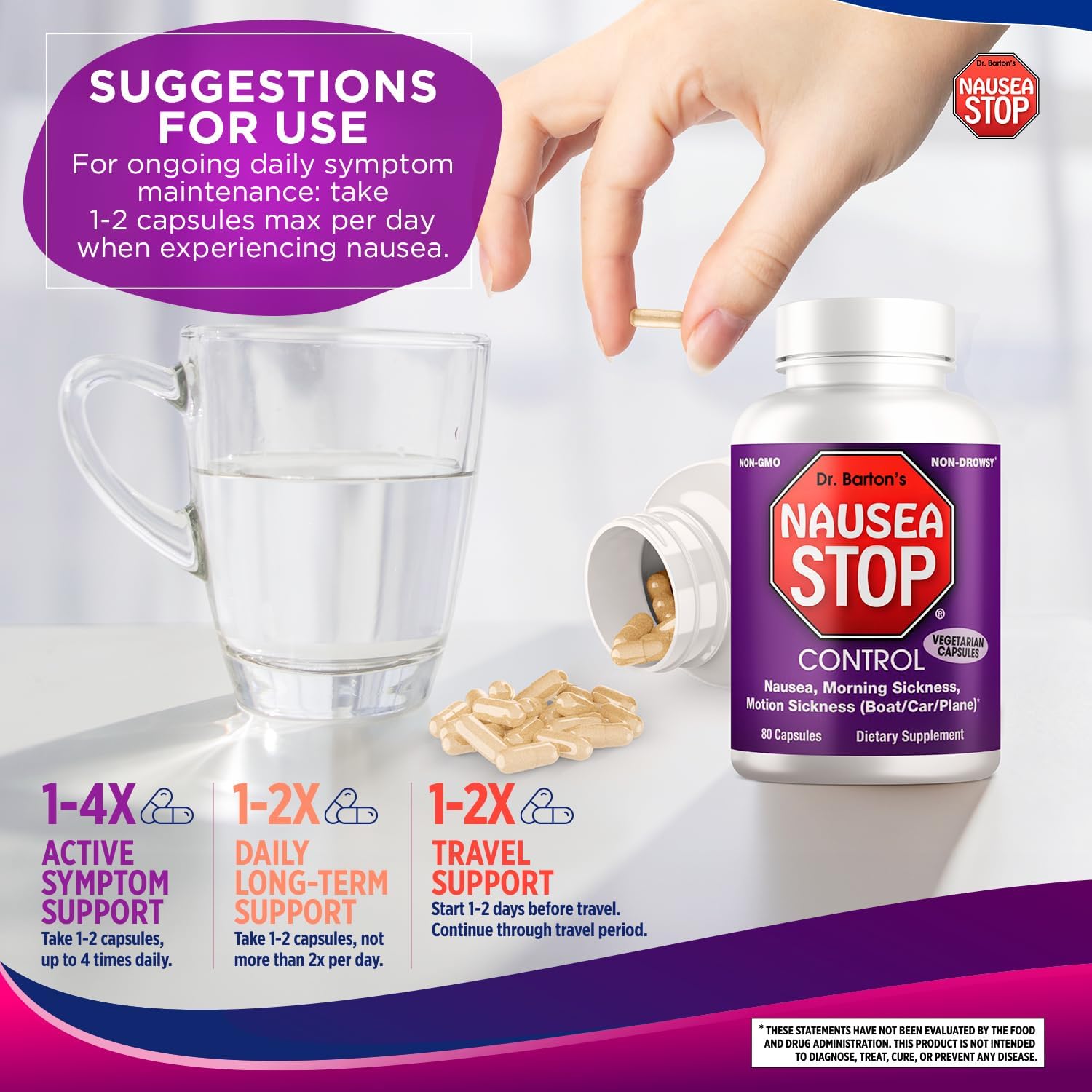 Dr. Barton's Dizzy Stop - Natural Ginger Nausea Relief Pills for Adults & Kids - Non-Drowsy Anti-Nausea Formula - Travel Essential - 80 Capsules