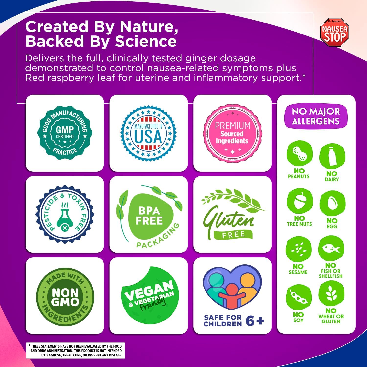 Dr. Barton's Dizzy Stop - Natural Ginger Nausea Relief Pills for Adults & Kids - Non-Drowsy Anti-Nausea Formula - Travel Essential - 80 Capsules