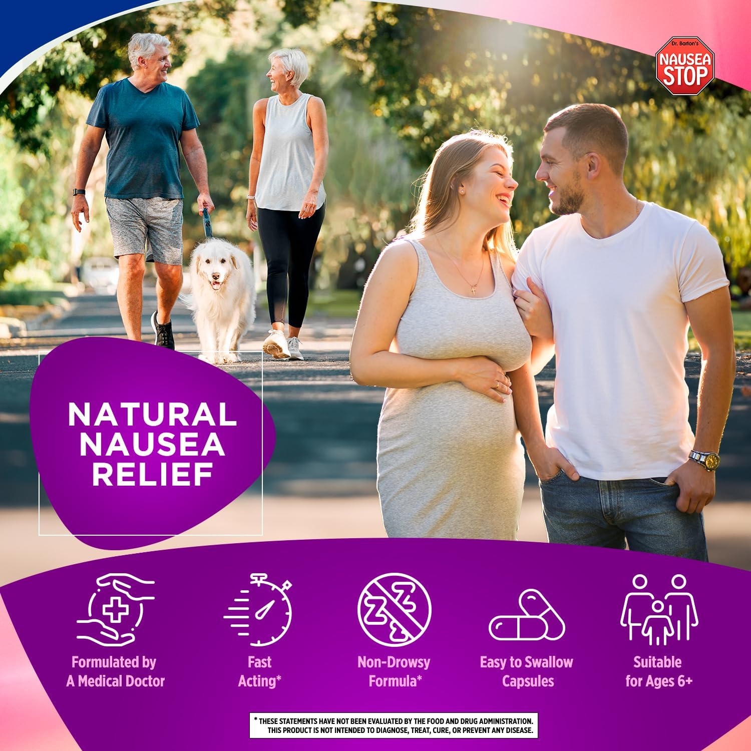 Dr. Barton's Dizzy Stop - Natural Ginger Nausea Relief Pills for Adults & Kids - Non-Drowsy Anti-Nausea Formula - Travel Essential - 80 Capsules