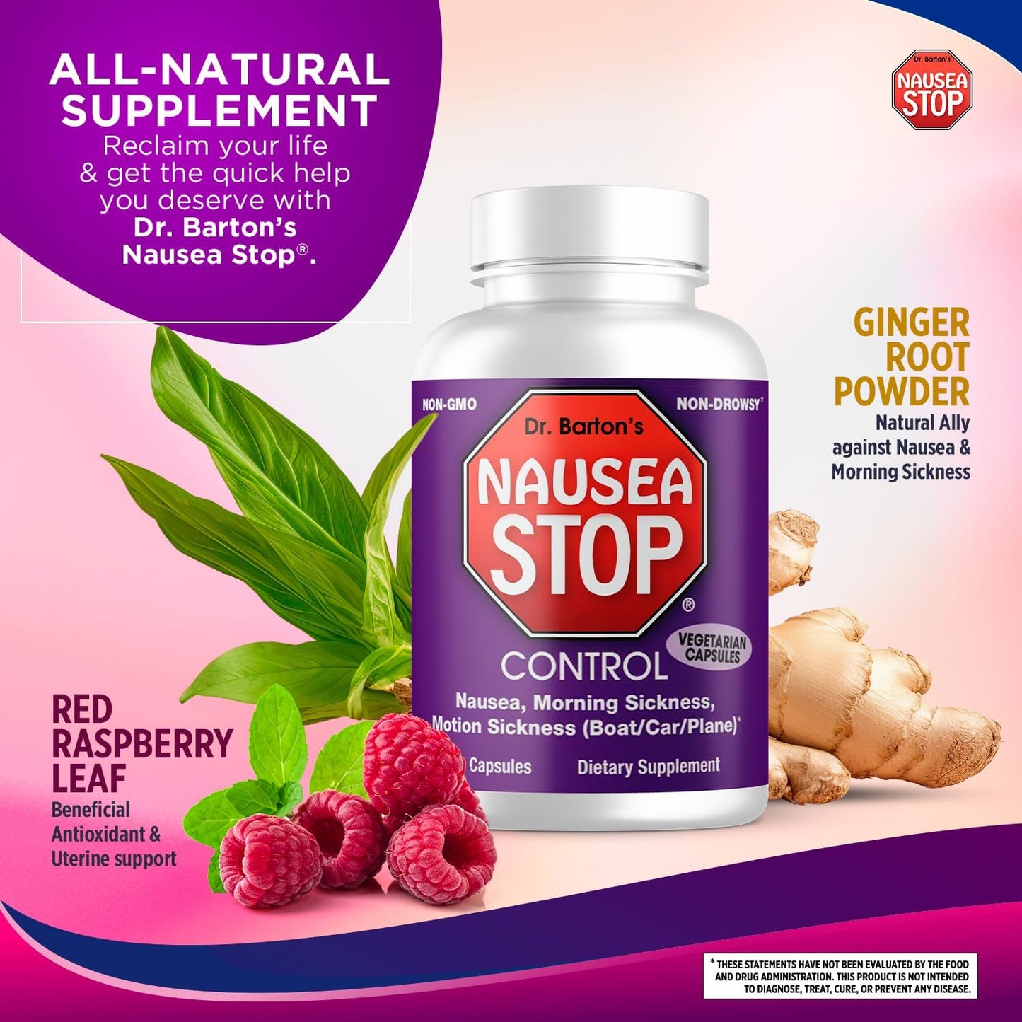 Dr. Barton's Dizzy Stop - Natural Ginger Nausea Relief Pills for Adults & Kids - Non-Drowsy Anti-Nausea Formula - Travel Essential - 80 Capsules