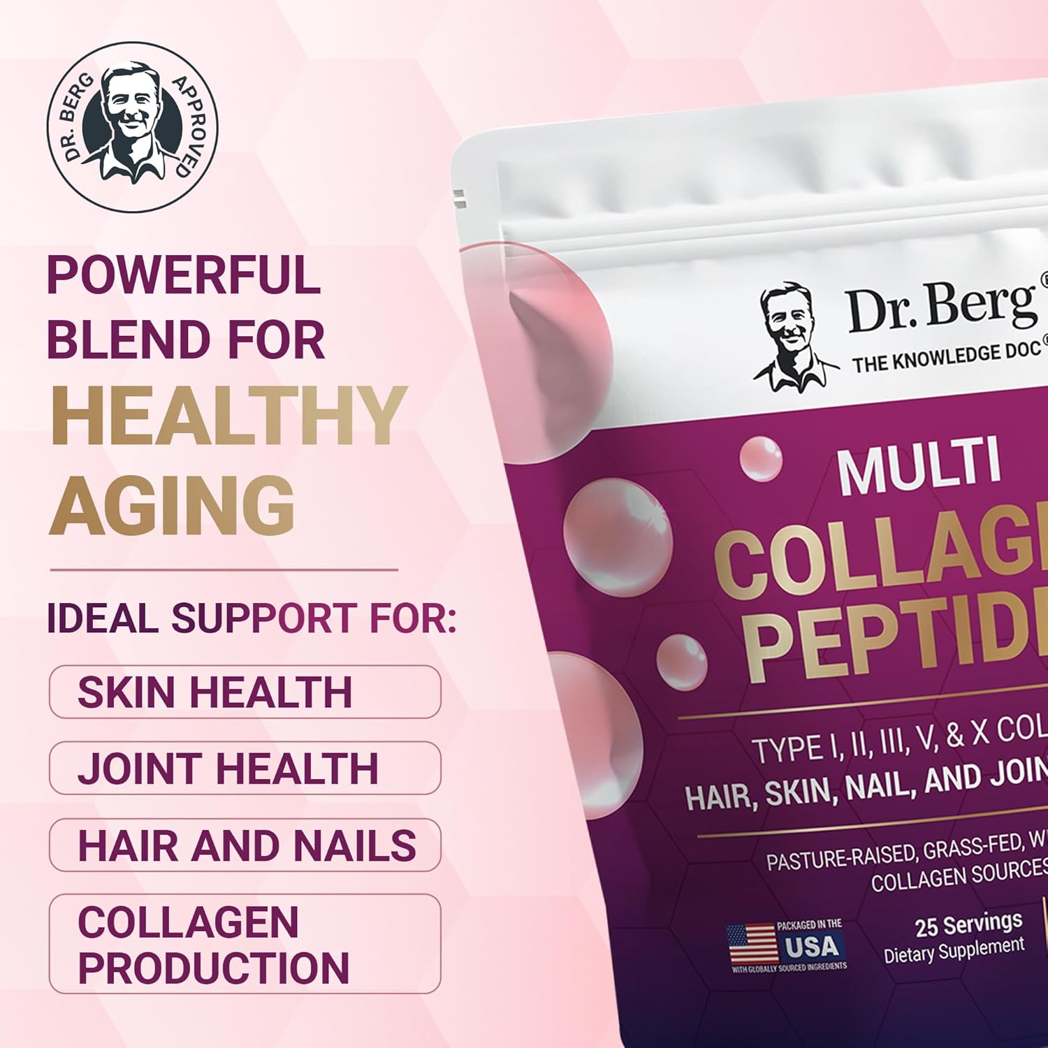 Dr. Berg Multi Collagen Peptides Powder - Unflavored with 14g Protein - Grass-Fed & Wild-Caught - 25 Servings