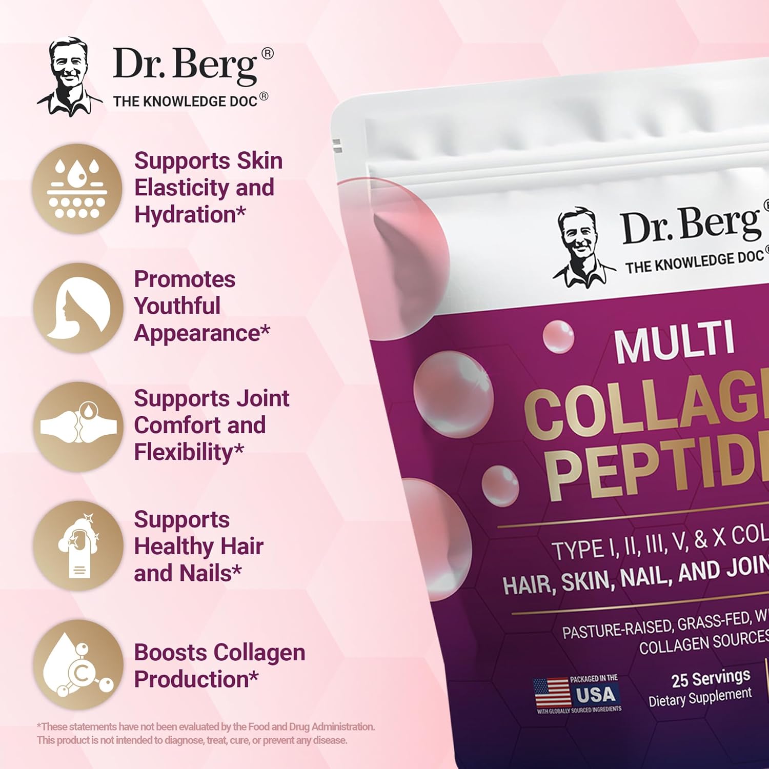 Dr. Berg Multi Collagen Peptides Powder - Unflavored with 14g Protein - Grass-Fed & Wild-Caught - 25 Servings