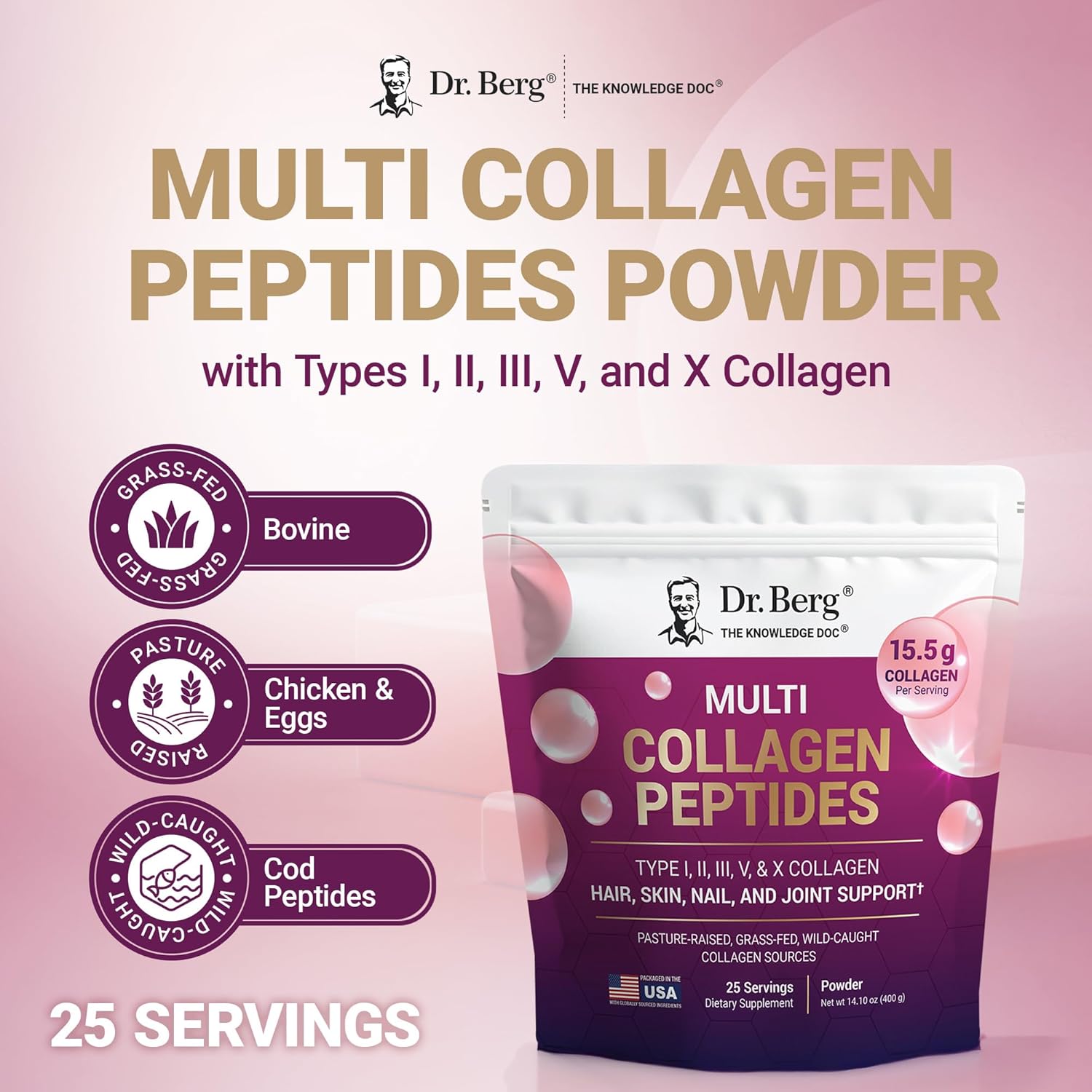 Dr. Berg Multi Collagen Peptides Powder - Unflavored with 14g Protein - Grass-Fed & Wild-Caught - 25 Servings