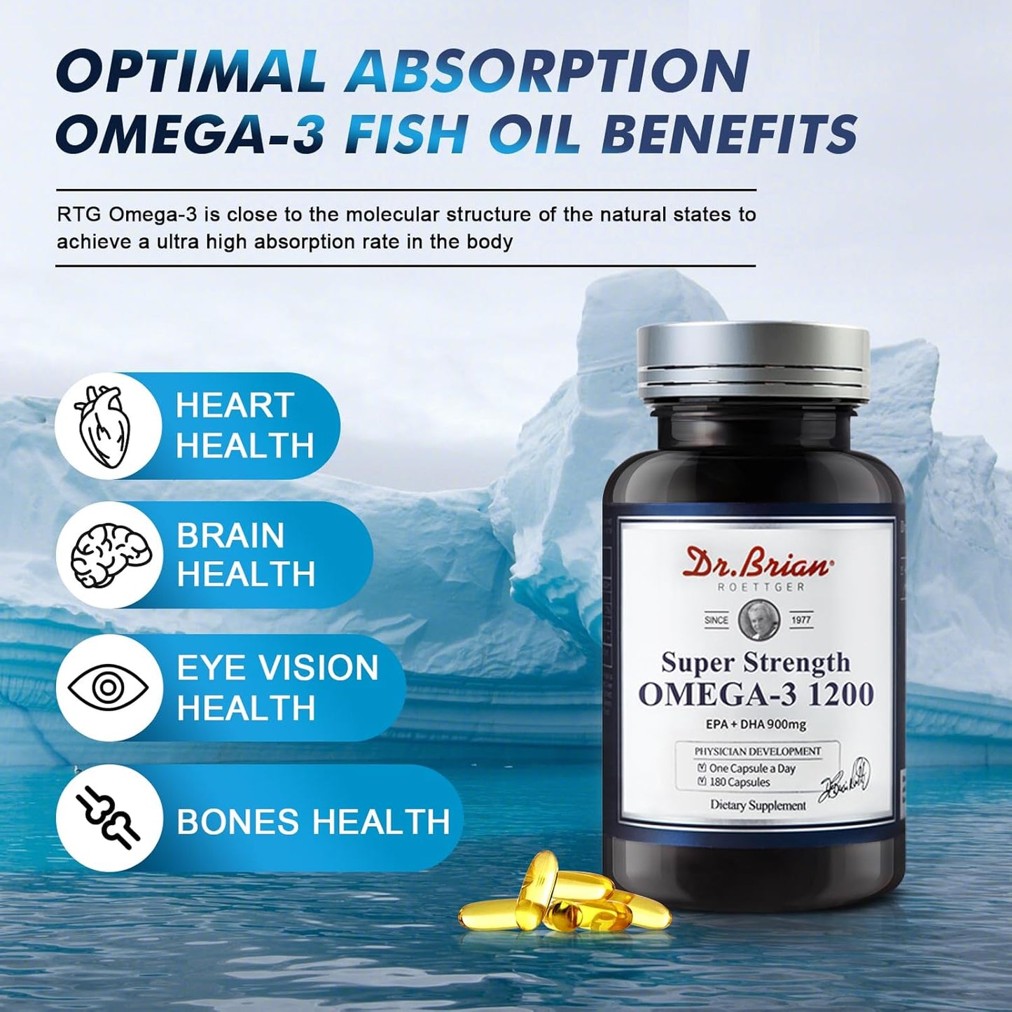 Dr. Brian Omega 3 Fish Oil Supplements - High Absorption rTG Omega 3 Wild Fish Oil - 1200mg with EPA, DHA, Fatty Acids, Triglyceride, Vitamin E - Lemon Flavor - 180 Softgels