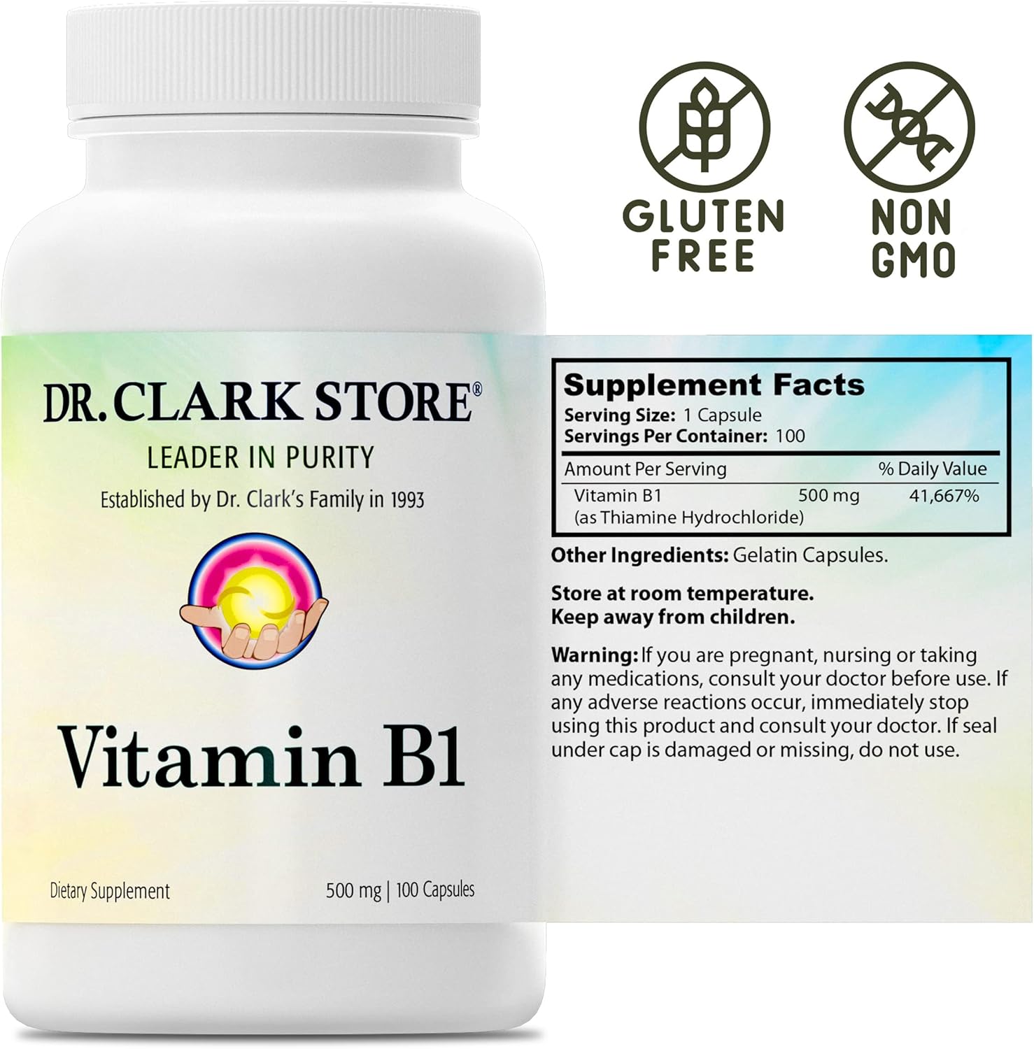 Dr. Clark Store Thiamine B1 Supplement 500mg - Supports Nervous System & Energy Metabolism - Gluten & Dairy Free - 100 Capsules x3 Pack