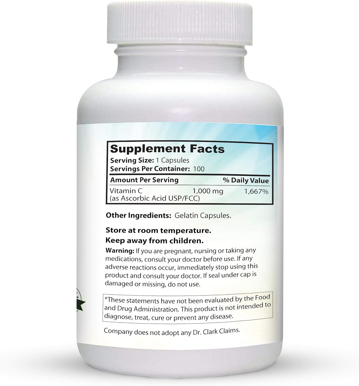 Dr Clark Store Vitamin C Supplement 1000mg - Gluten Free, Immunity & Brain Support, Antioxidant, Tissue Repair - 100 Gel Caps