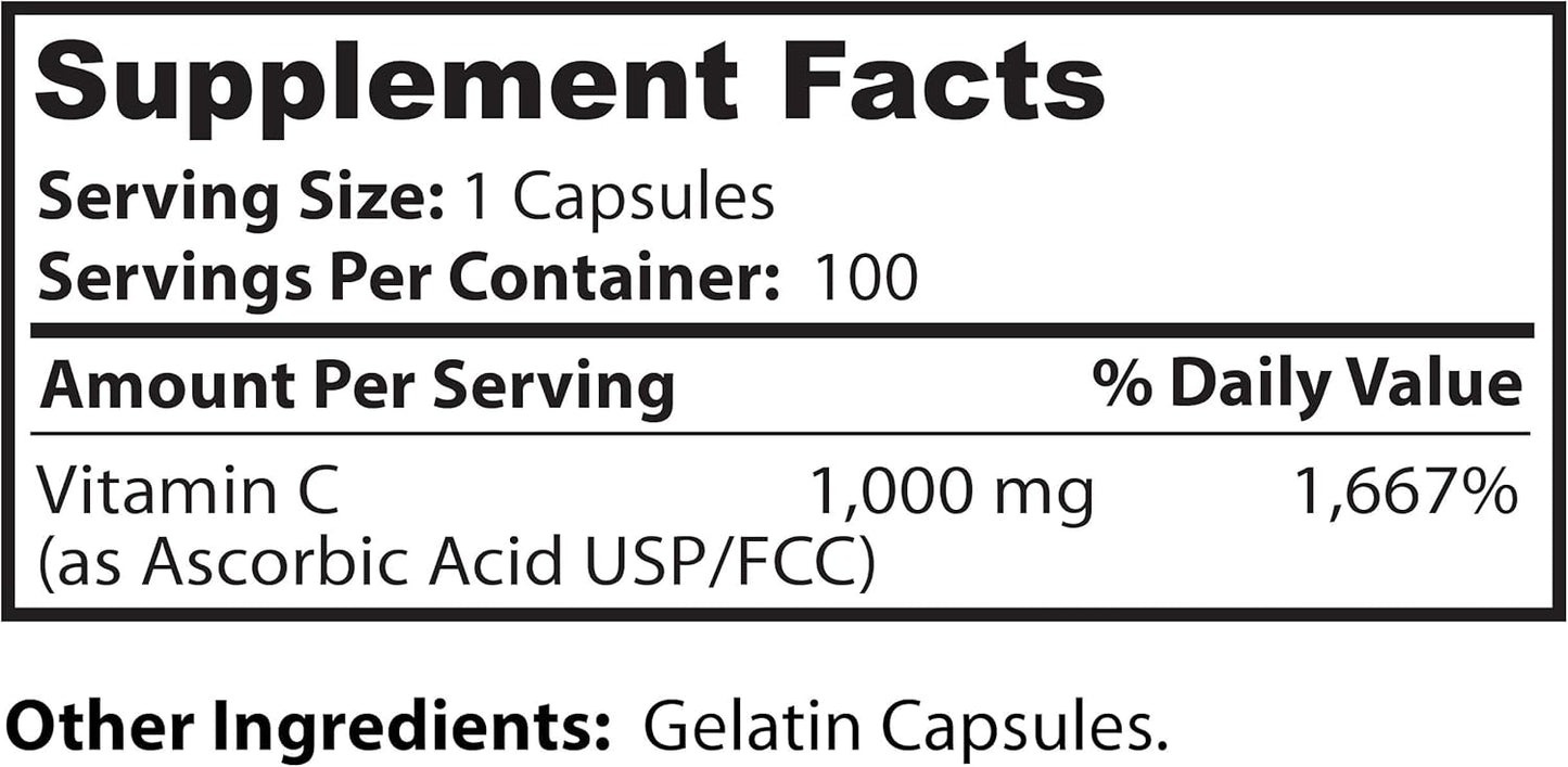 Dr Clark Store Vitamin C Supplement 1000mg - Gluten Free, Immunity & Brain Support, Antioxidant, Tissue Repair - 100 Gel Caps