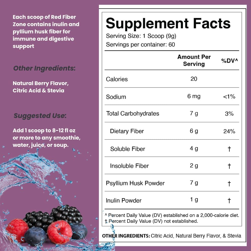 Dr Colbert MD Fiber Zone Powder - Berry Flavor | Prebiotics, Psyllium Husk, Inulin | 6g Fiber | Recommended for Keto & Healthy Gut | 19 oz - BoostGo Australia