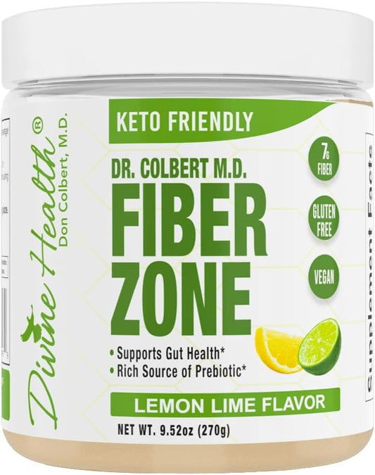 Dr Colbert MD Fiber Zone Powder | Lemon-Lime Flavor | Prebiotics & Fiber Blend | Psyllium Husk & Inulin | 6g Fiber | Healthy Gut Support