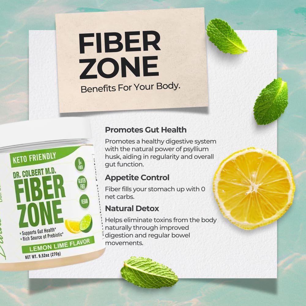 Dr Colbert MD Fiber Zone Powder | Lemon-Lime Flavor | Prebiotics & Fiber Blend | Psyllium Husk & Inulin | 6g Fiber | Healthy Gut Support