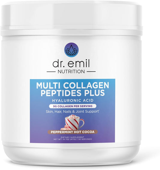 Dr. Emil Multi Collagen Peptides Plus with Hyaluronic Acid - Peppermint Hot Cocoa Flavor for Skin, Hair, Nails & Joint Support - 9g Collagen/serving