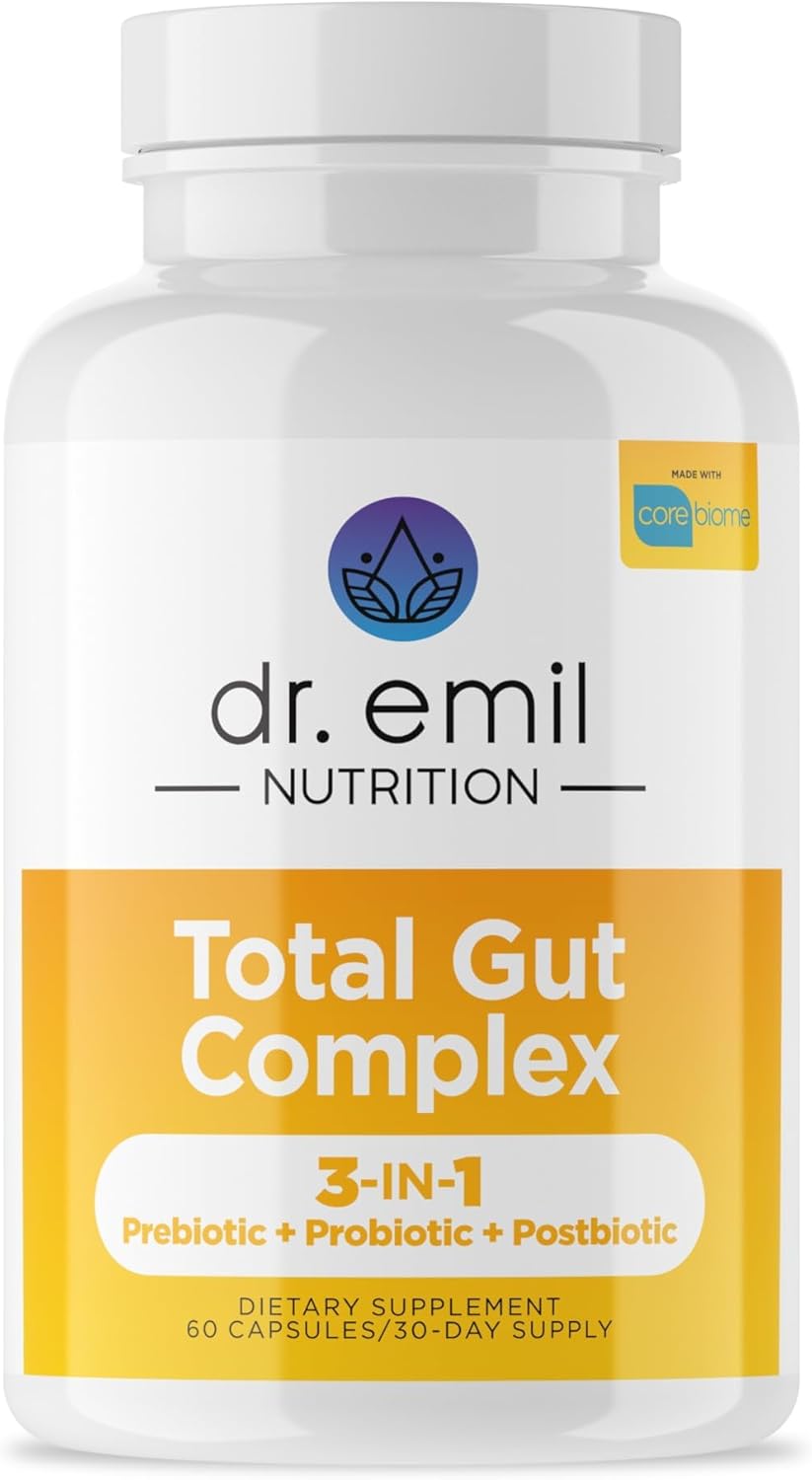 Dr. Emil Nutrition Total Gut Health Complex: Prebiotic, Probiotic, Postbiotic - Digestive Health Supplements for Women and Men, 60 Capsules