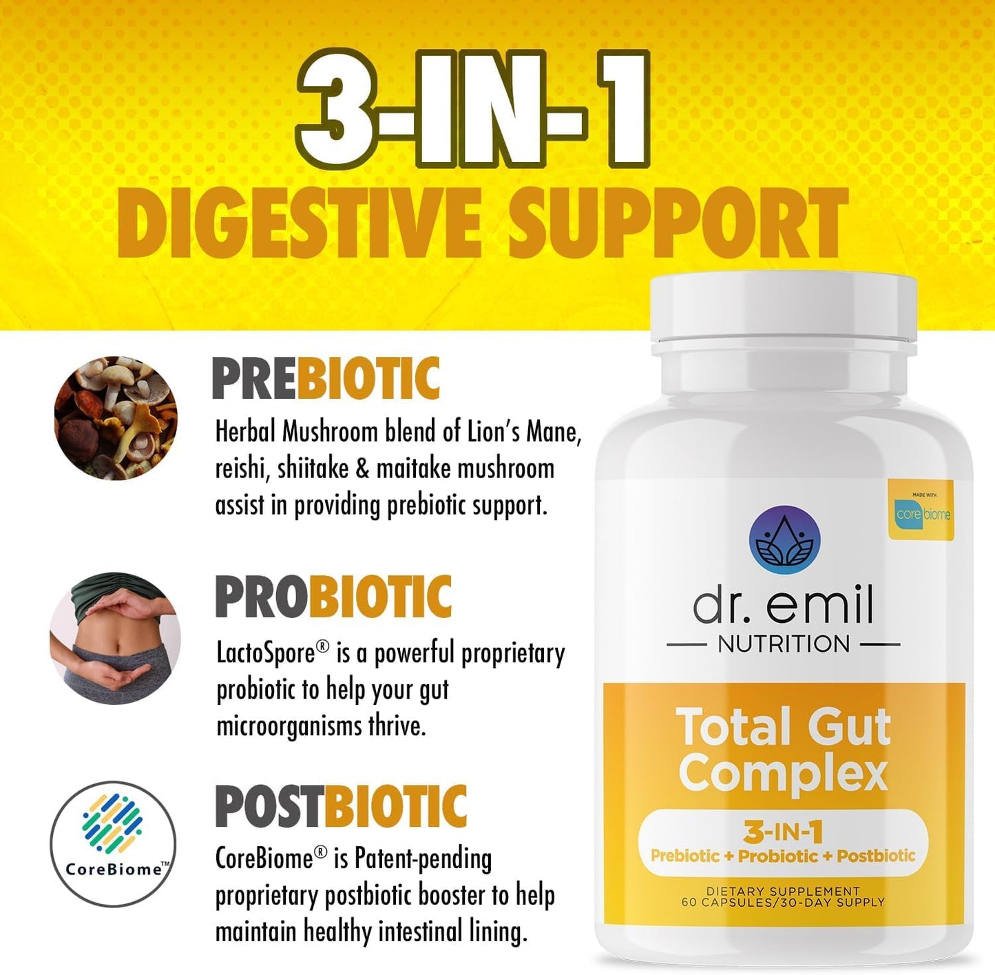 Dr. Emil Nutrition Total Gut Health Complex: Prebiotic, Probiotic, Postbiotic - Digestive Health Supplements for Women and Men, 60 Capsules