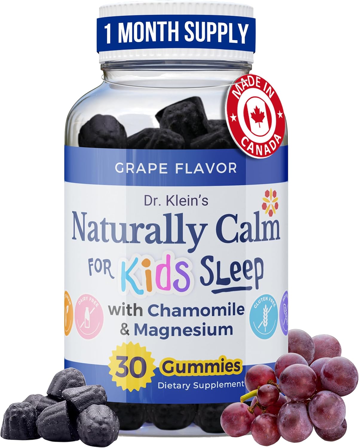 Dr. Klein's Calm Gummies for Kids with Chamomile, Linden & Magnesium - Sleep Aid Vitamins for Ages 5+ - Grape Sugar-Free Chews 30ct