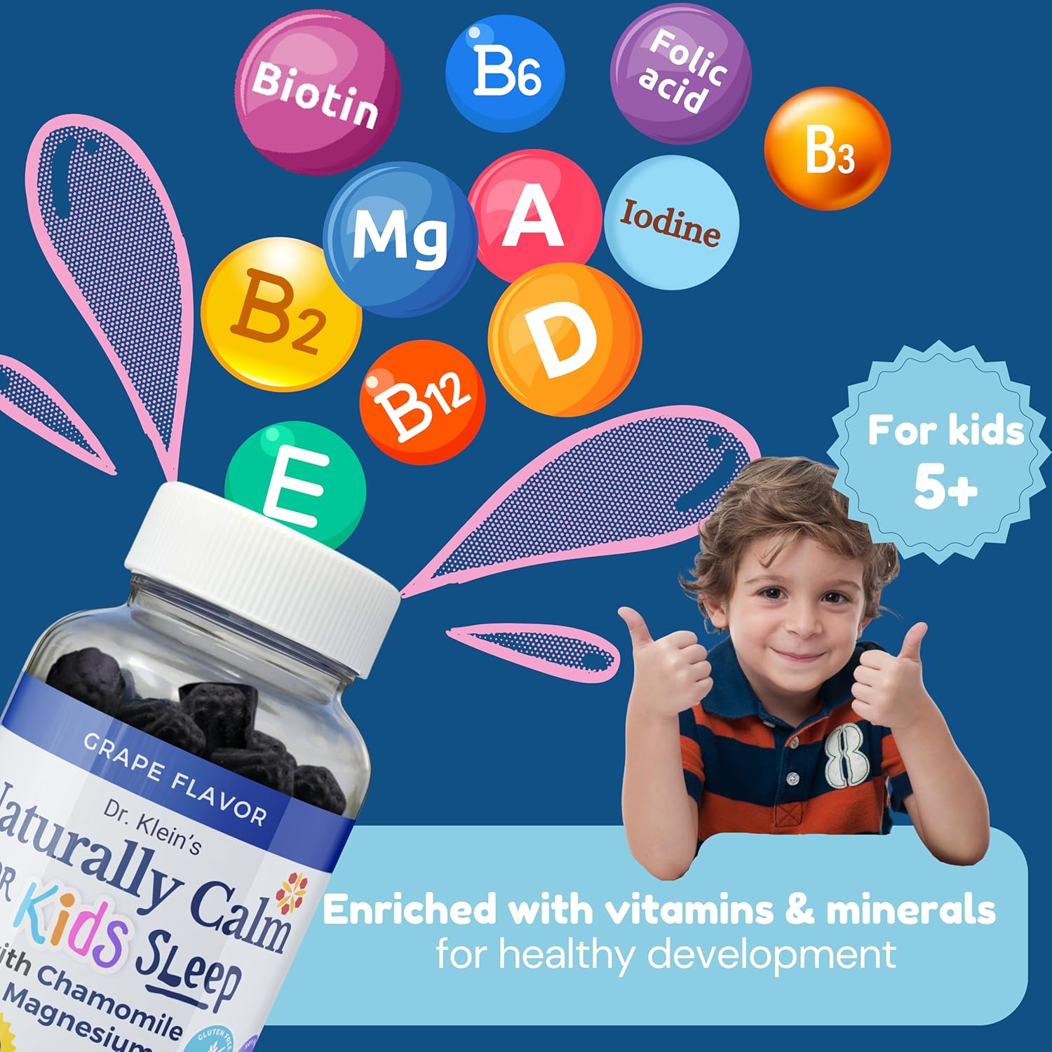 Dr. Klein's Calm Gummies for Kids with Chamomile, Linden & Magnesium - Sleep Aid Vitamins for Ages 5+ - Grape Sugar-Free Chews 30ct