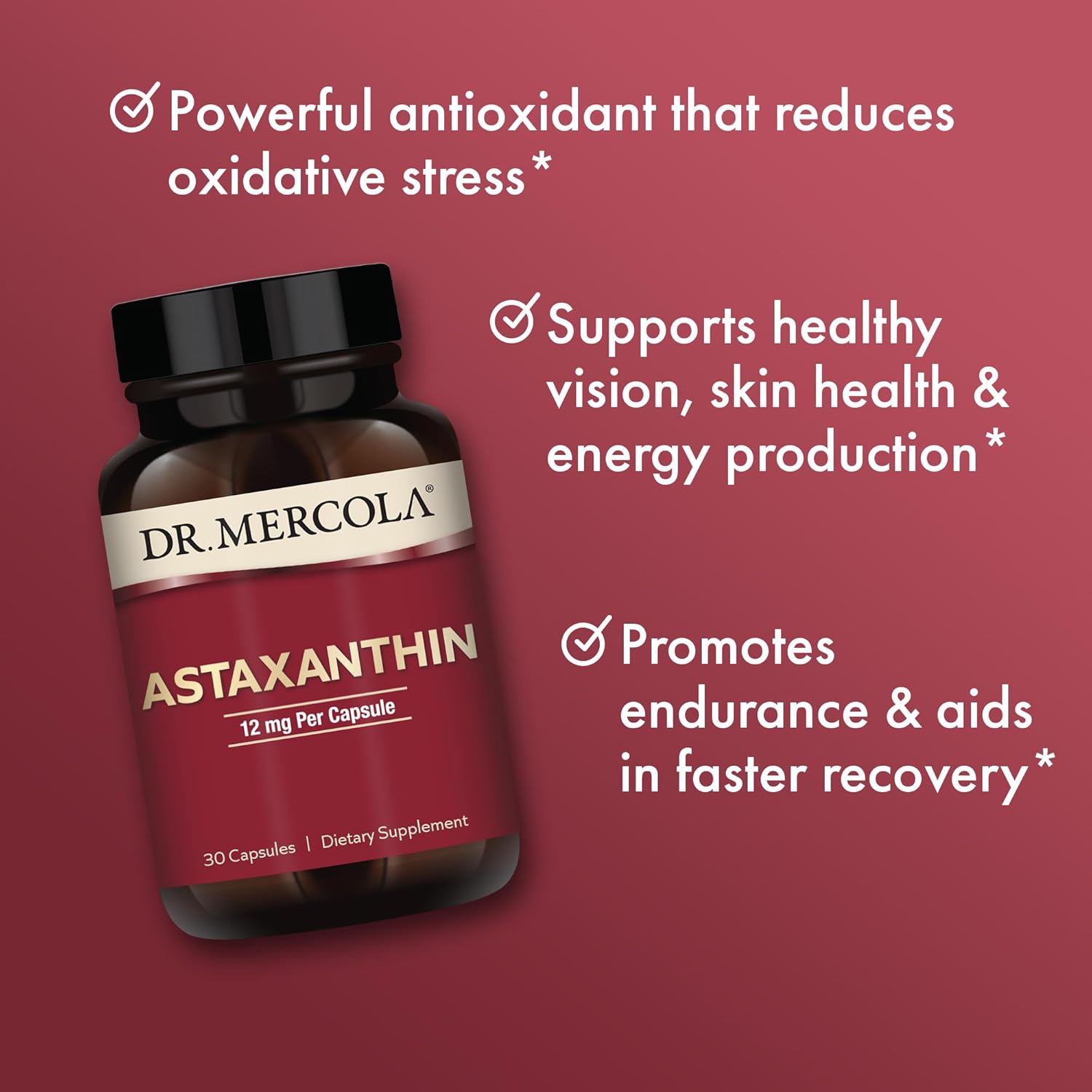Dr. Mercola Astaxanthin 12mg, 30 Capsules, Non-GMO Antioxidant Dietary Supplement for Health