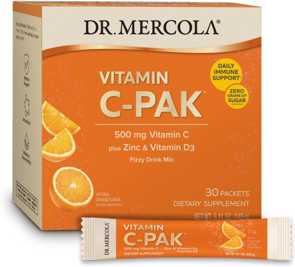 Dr. Mercola Vitamin C-PAK Fizzy Drink Mix - 30 Servings, 500mg Vitamin C with Zinc & Vitamin D3, Natural Orange Flavor - Immune Support Supplement