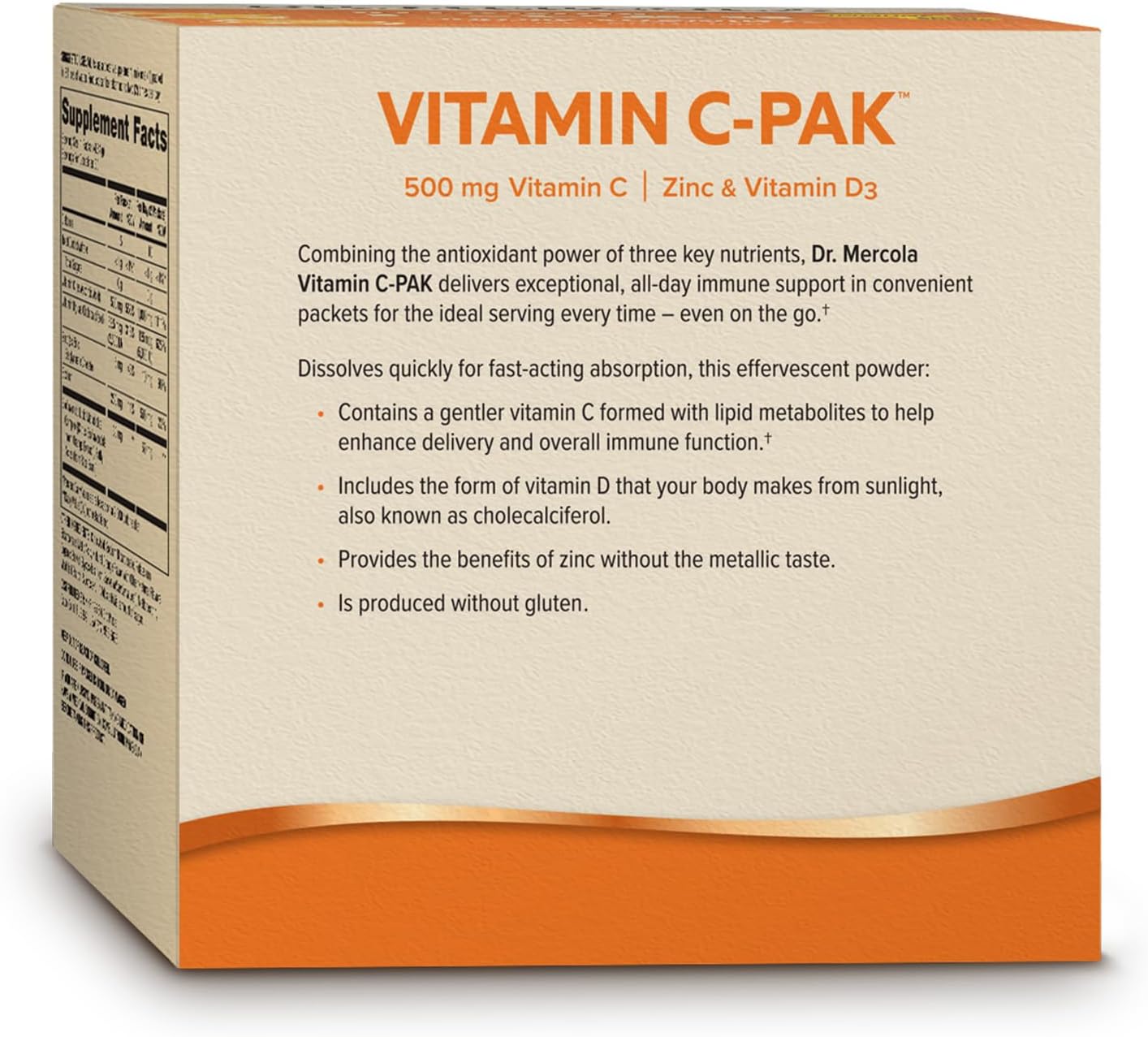Dr. Mercola Vitamin C-PAK Fizzy Drink Mix - 30 Servings, 500mg Vitamin C with Zinc & Vitamin D3, Natural Orange Flavor - Immune Support Supplement