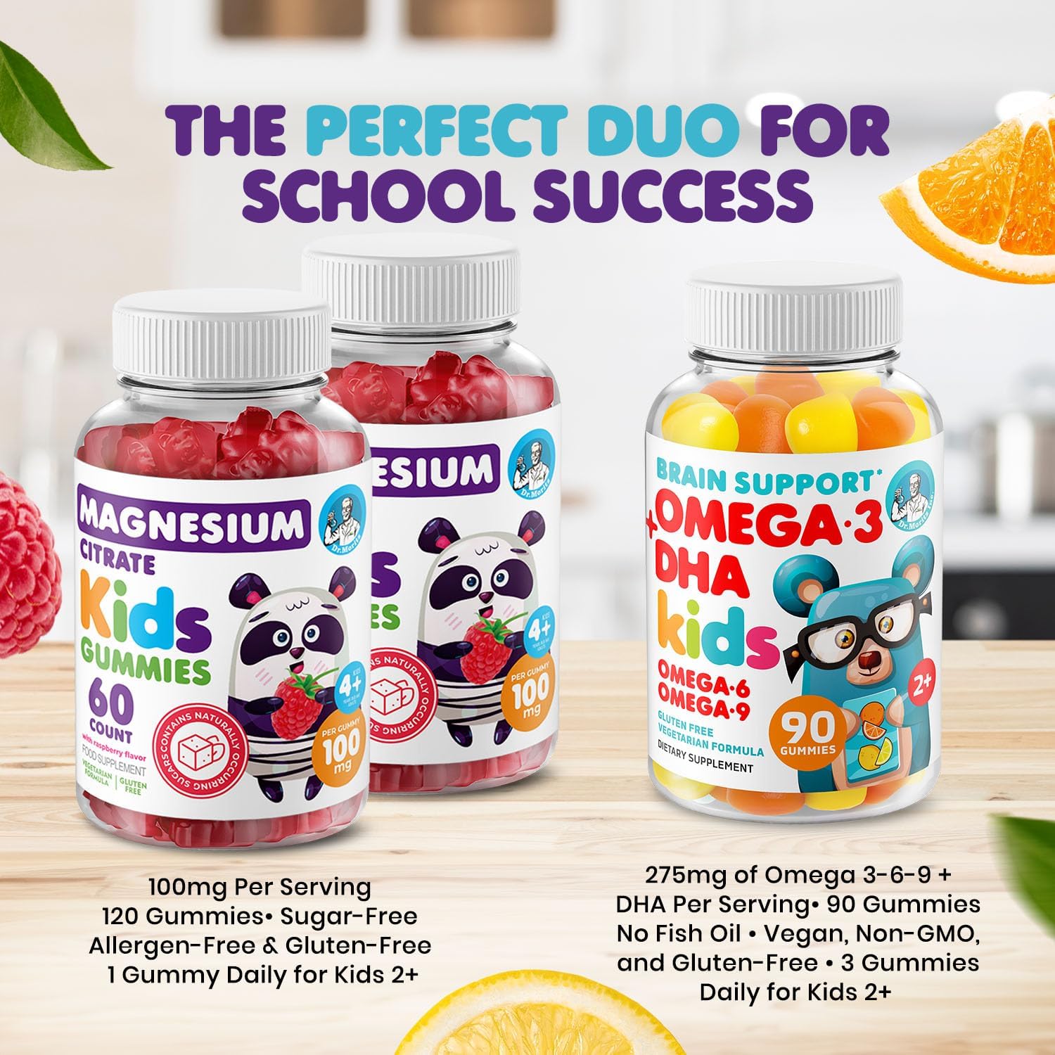 Dr. MORITZ Kids Magnesium and Omega 3 Gummies Bundle - 120 Count (2 Pack) with Low Sugar and Vegetarian Formula