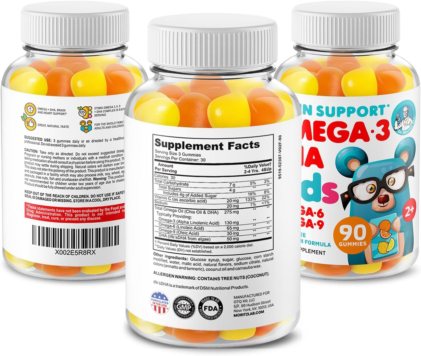 Dr. MORITZ Kids Magnesium and Omega 3 Gummies Bundle - 120 Count (2 Pack) with Low Sugar and Vegetarian Formula