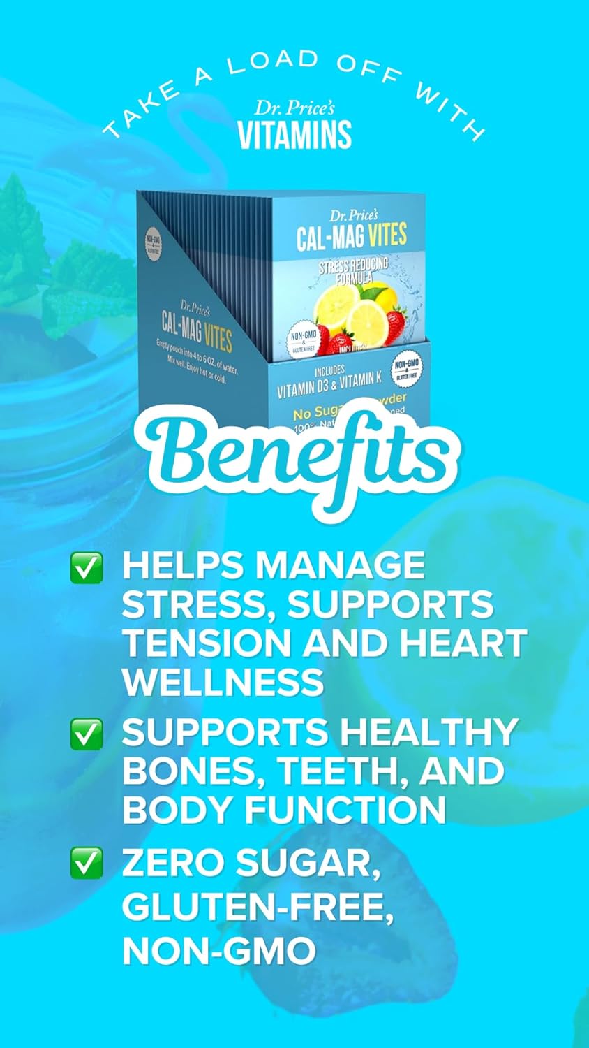 Dr. Price's Cal-Mag Vites Powder - Natural Stress Relief Drink with Calcium, Magnesium, Vitamin K, D | Strawberry-Lemon Flavor | 30 Packets