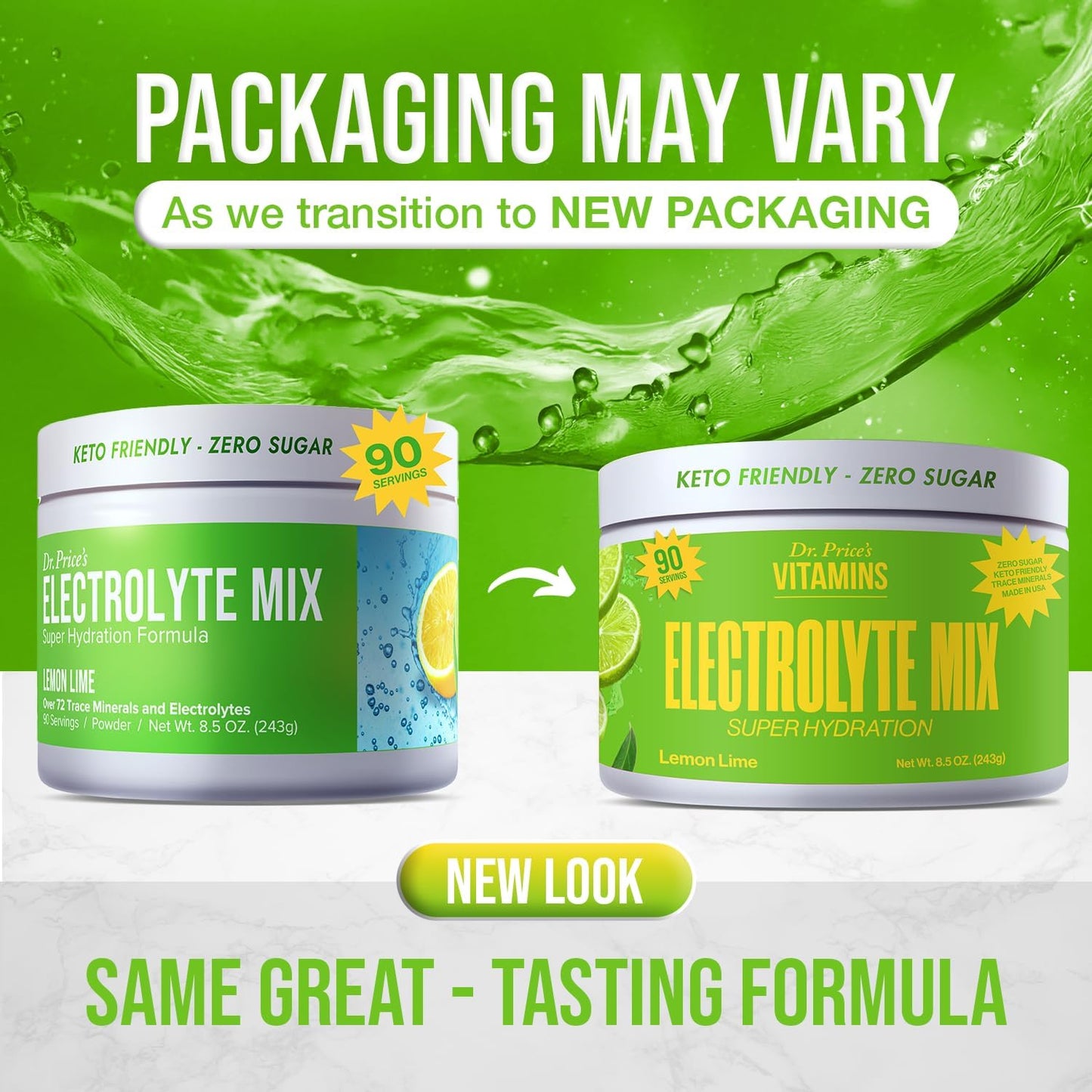 Dr. Price's Lemon-Lime Electrolyte Powder Mix - Keto & Fasting Hydration Drink - Non-GMO, Gluten Free - 90 Servings