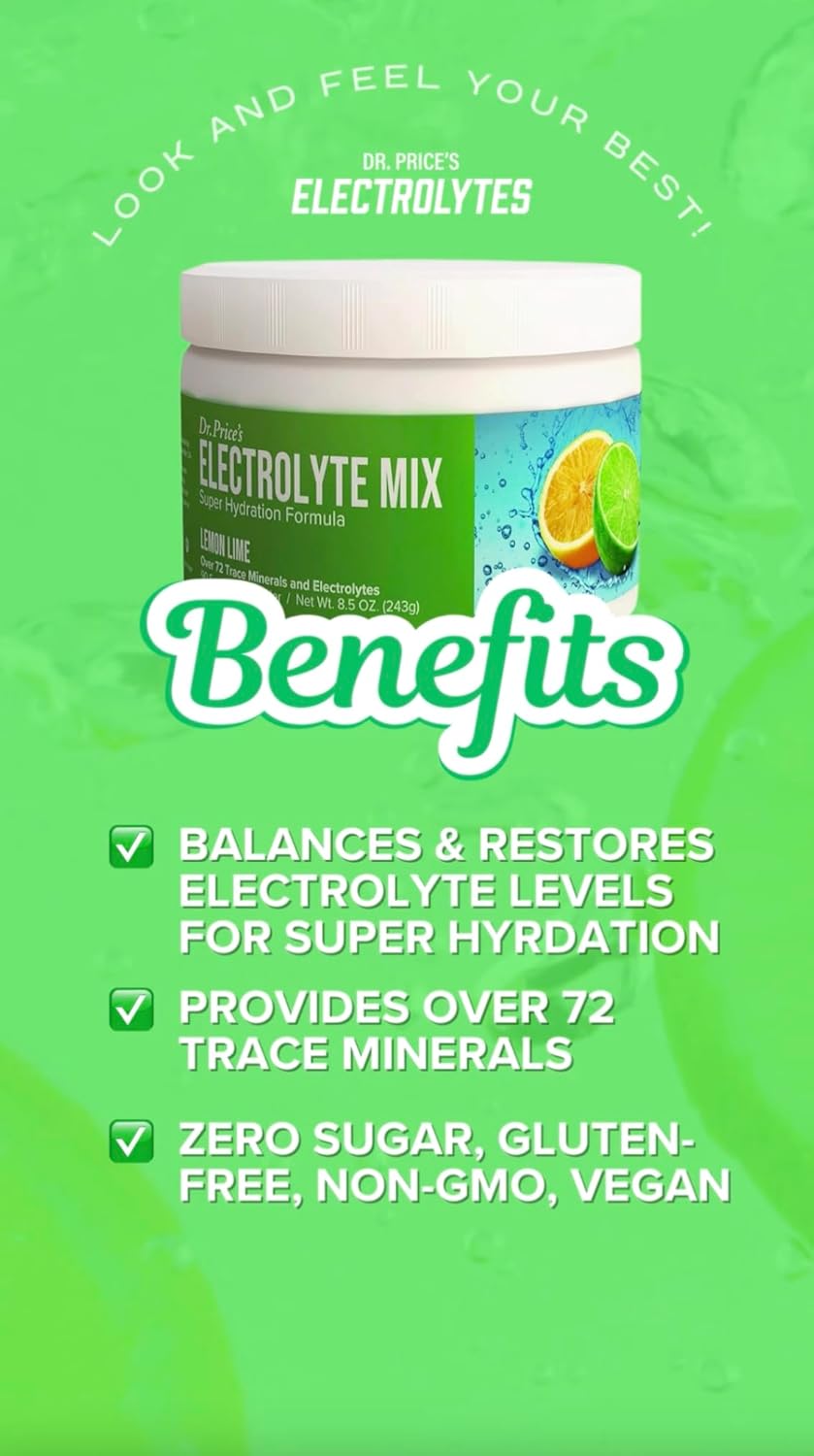 Dr. Price's Lemon-Lime Electrolyte Powder Mix - Keto & Fasting Hydration Drink - Non-GMO, Gluten Free - 90 Servings