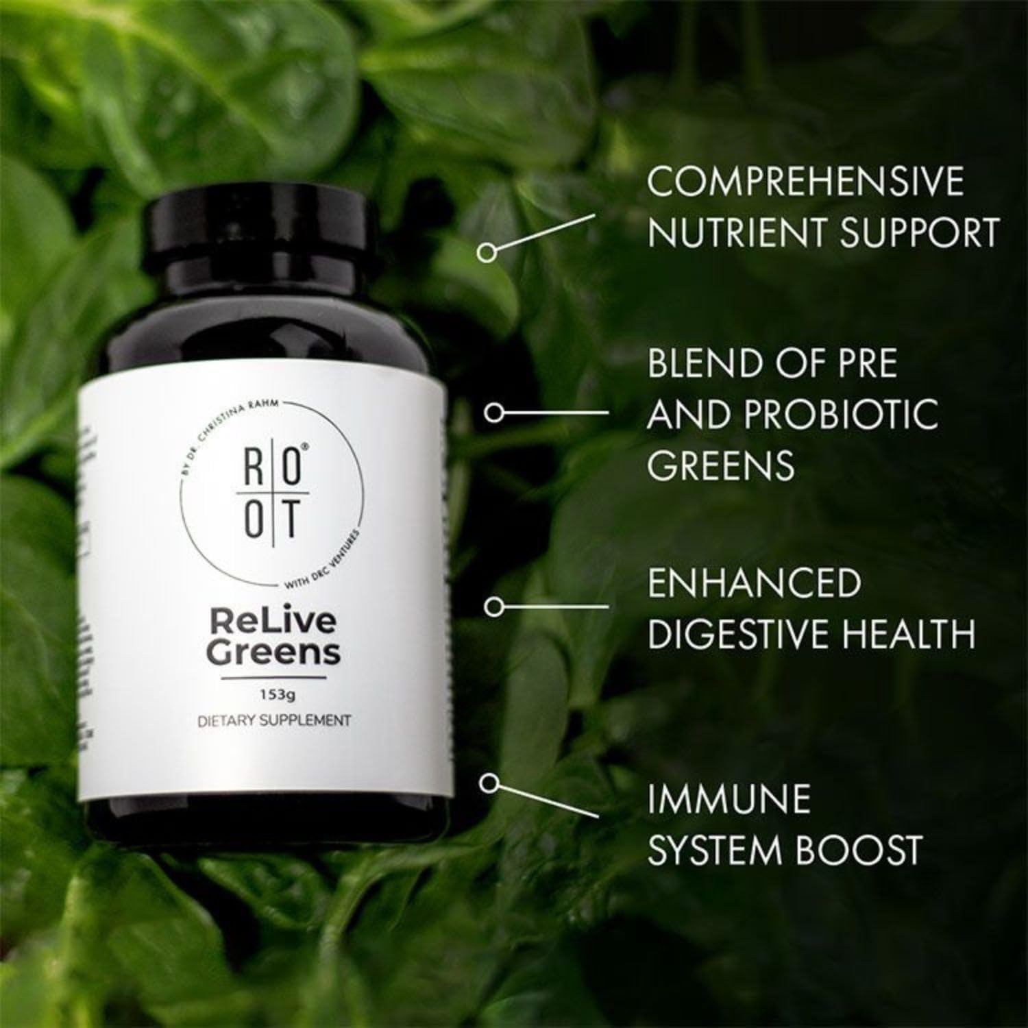 Dr. Rahm's THEROOTBRANDS Root Relive Greens: Superfood Powerhouse with Dark Leafy Greens, Fruits, and Fibers - 153g