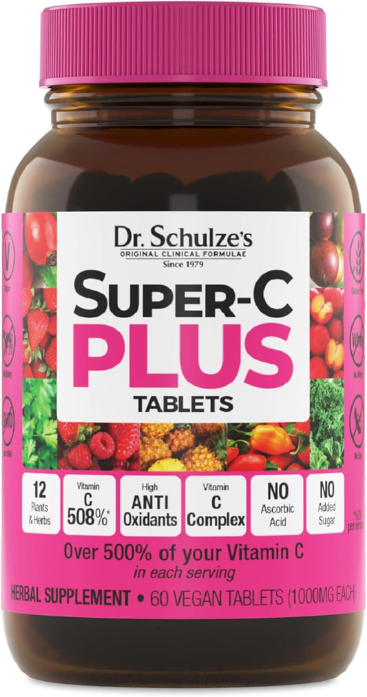 Dr. Schulze's Super-C Plus Chewable Tablets - 1000 mg Vitamin C Complex for Immunity Support & Collagen Formation, 60 Count