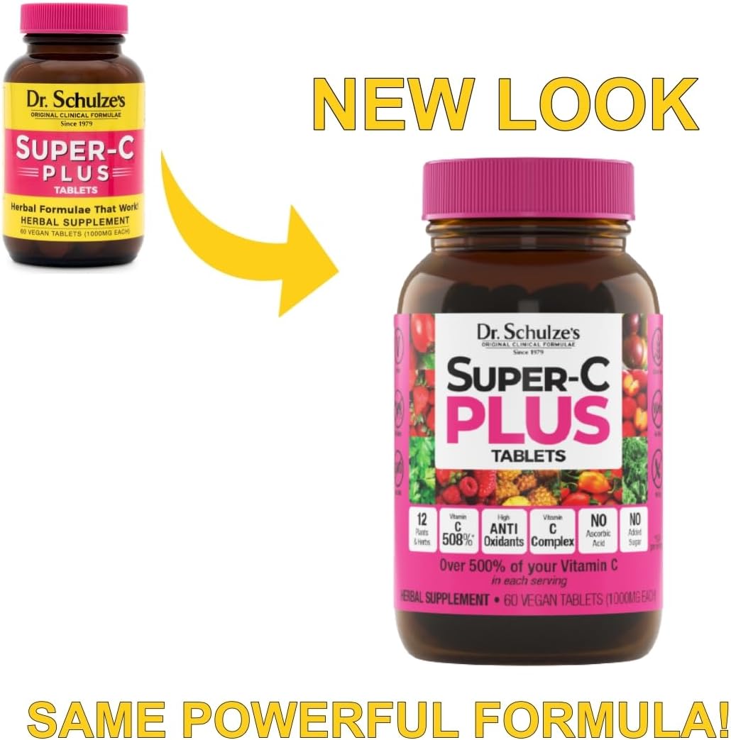 Dr. Schulze's Super-C Plus Chewable Tablets - 1000 mg Vitamin C Complex for Immunity Support & Collagen Formation, 60 Count