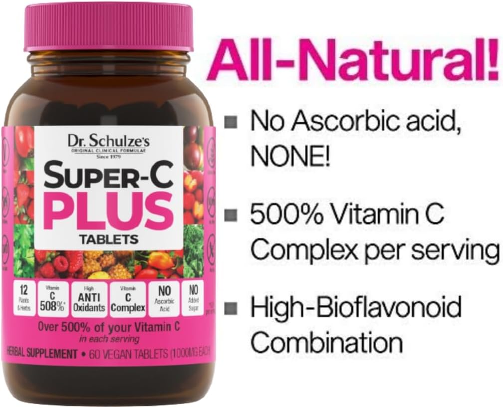 Dr. Schulze's Super-C Plus Chewable Tablets - 1000 mg Vitamin C Complex for Immunity Support & Collagen Formation, 60 Count