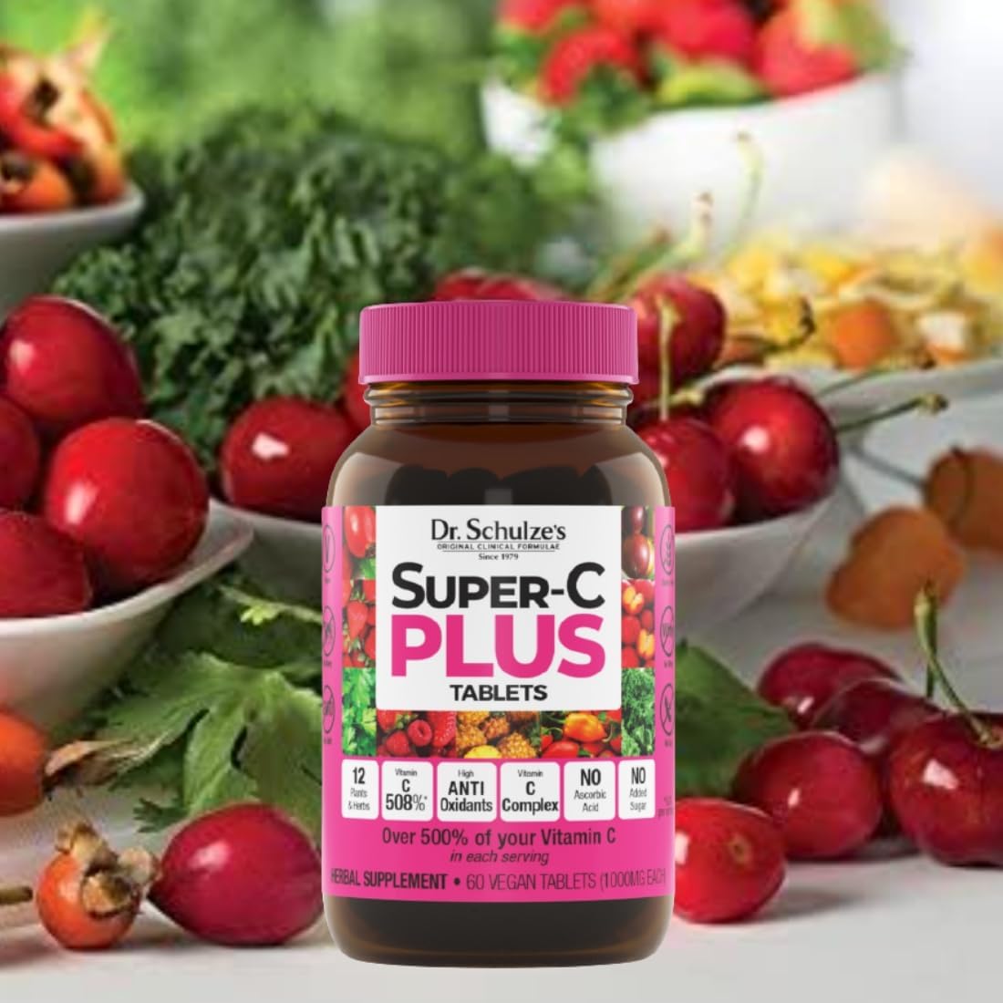 Dr. Schulze's Super-C Plus Chewable Tablets - 1000 mg Vitamin C Complex for Immunity Support & Collagen Formation, 60 Count