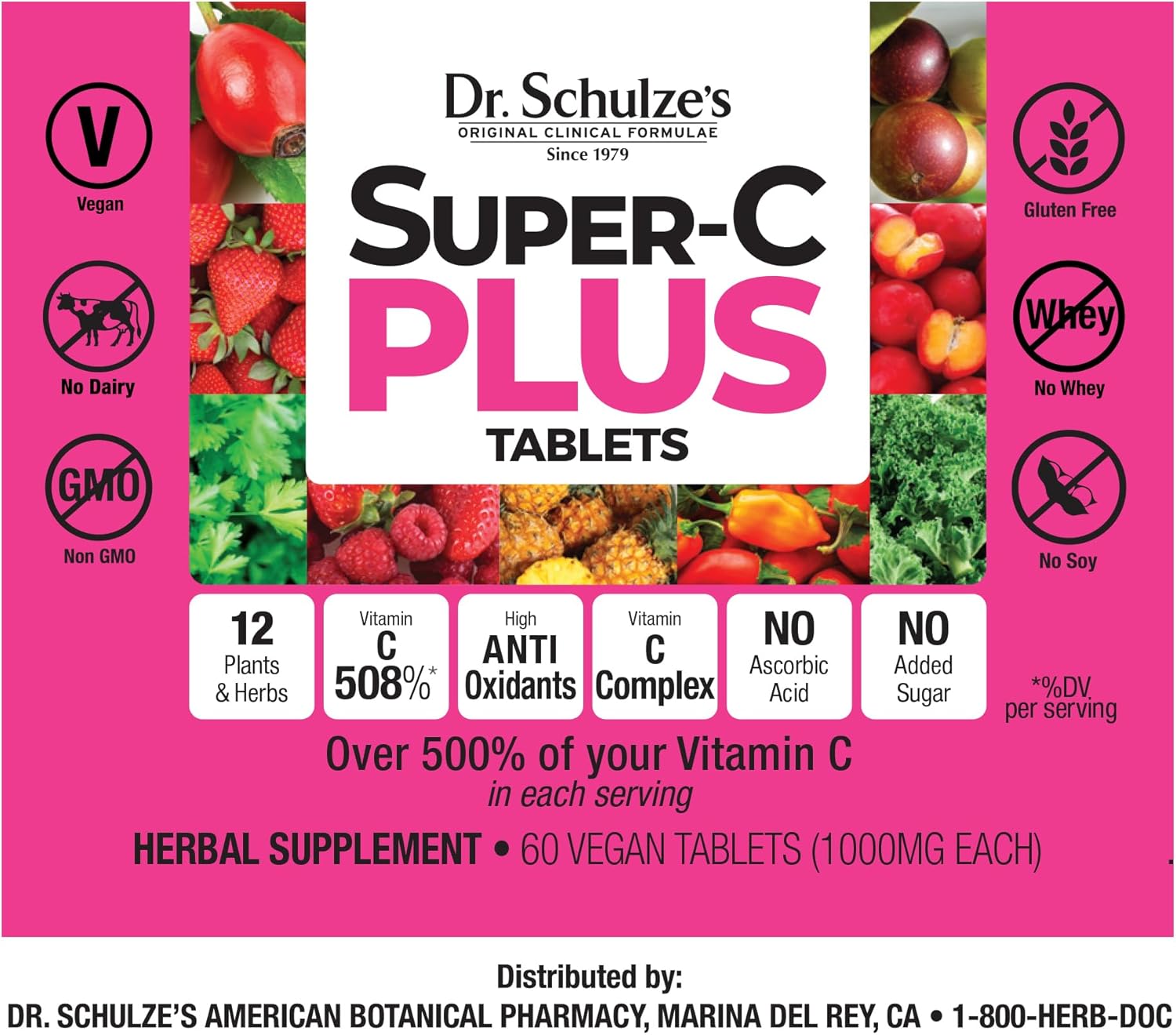 Dr. Schulze's Super-C Plus Chewable Tablets - 1000 mg Vitamin C Complex for Immunity Support & Collagen Formation, 60 Count