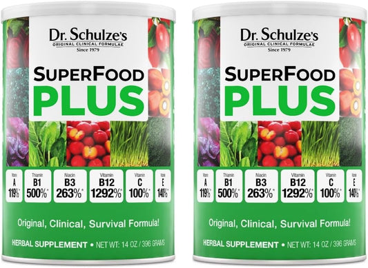 Dr. Schulze's SuperFood Plus Herbal Concentrate - Daily Nutrition, Vitamin & Mineral Blend - Gluten-Free, Non-GMO, Vegan - 2-Pack, 14 oz Powder