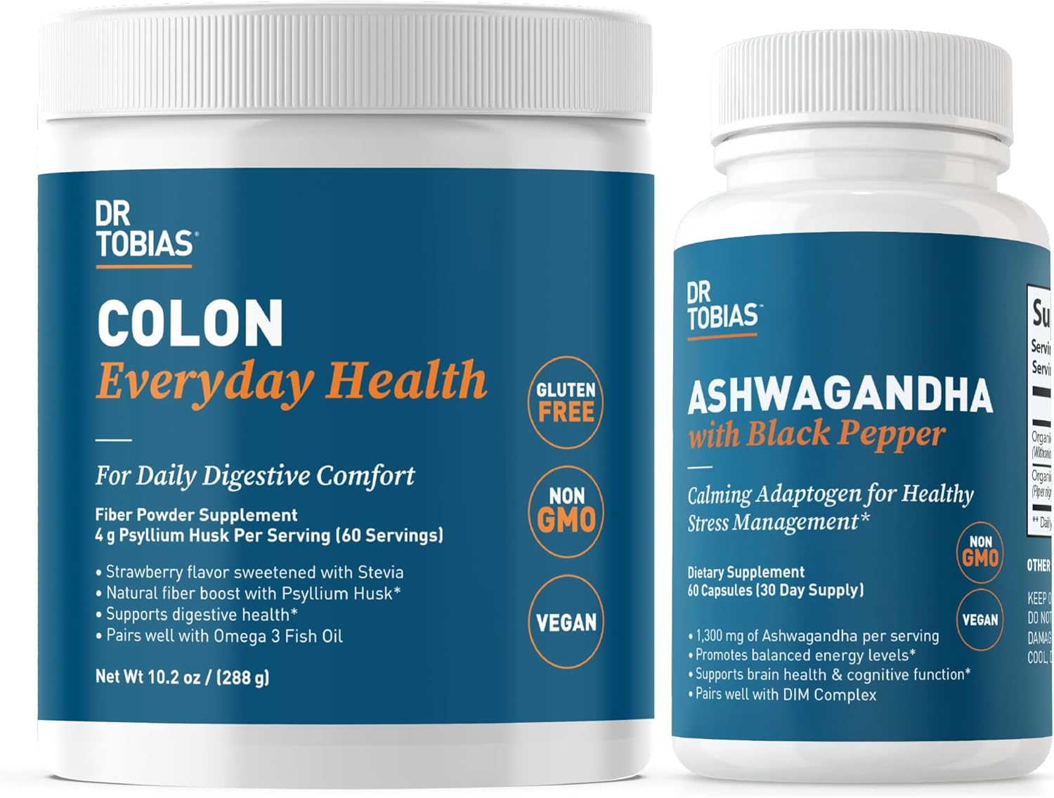 Dr. Tobias Colon Health and Ashwagandha Capsules Bundle for Digestive Wellness & Energy Support, Vegan & Non-GMO
