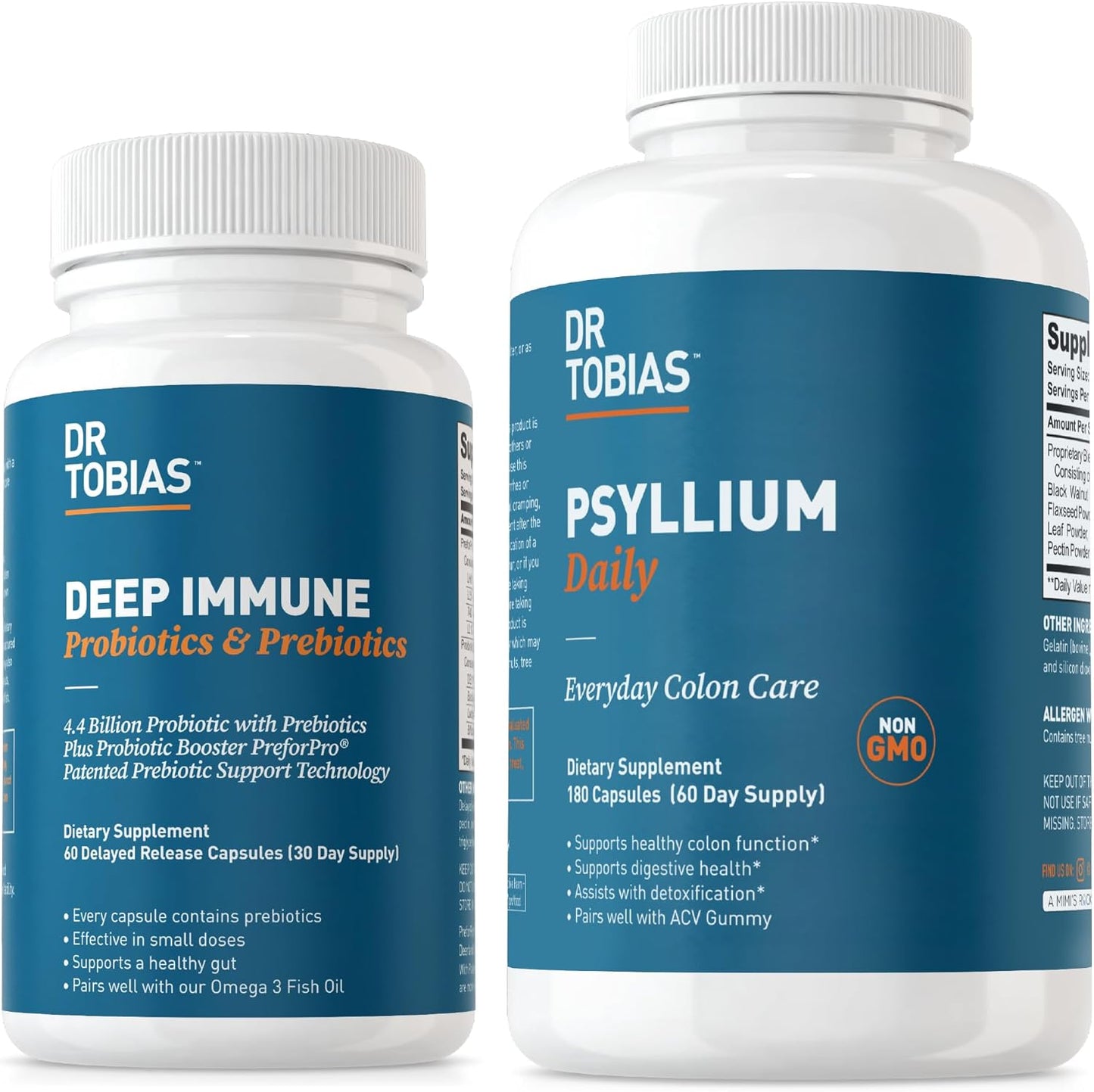 Dr. Tobias Deep Immune Probiotics & Prebiotics with Psyllium - Daily Fiber Supplement for Colon Health - 4.4 Billion CFU - Supports Digestive & Gut Immune Function