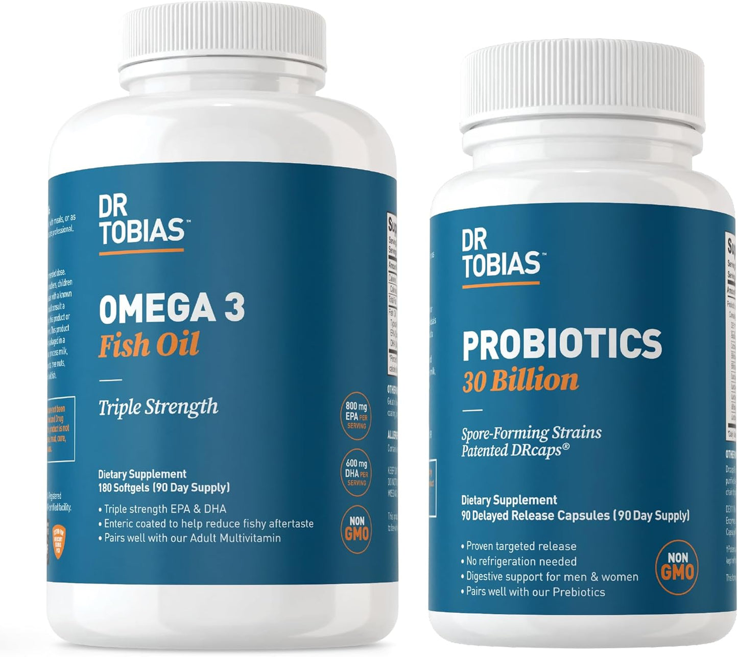 Dr. Tobias Omega 3 Fish Oil and Probiotics - High Potency Omega 3 Fatty Acids with 30 Billion Probiotics, Non-GMO Formula