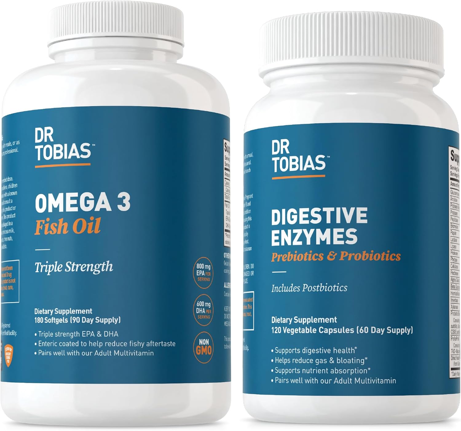Dr. Tobias Omega 3 Fish Oil with Digestive Enzymes, Probiotics, Prebiotics - Supports Heart, Brain, Immune Function, Gut Health & Digestion, Non-GMO