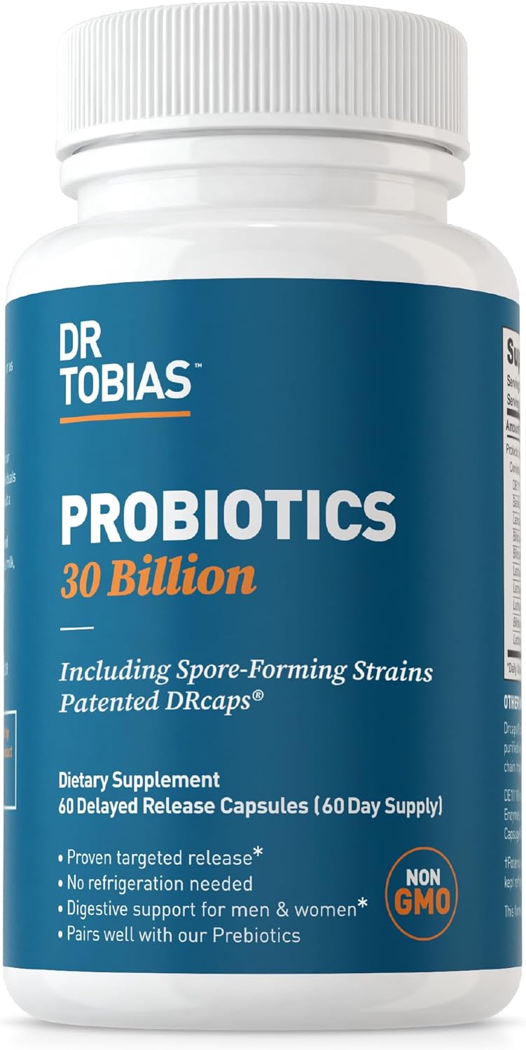 Dr. Tobias Probiotics: 30 Billion CFU, 10 Strains, Digestive Health Support for Men & Women, Non-GMO, 60 Capsules