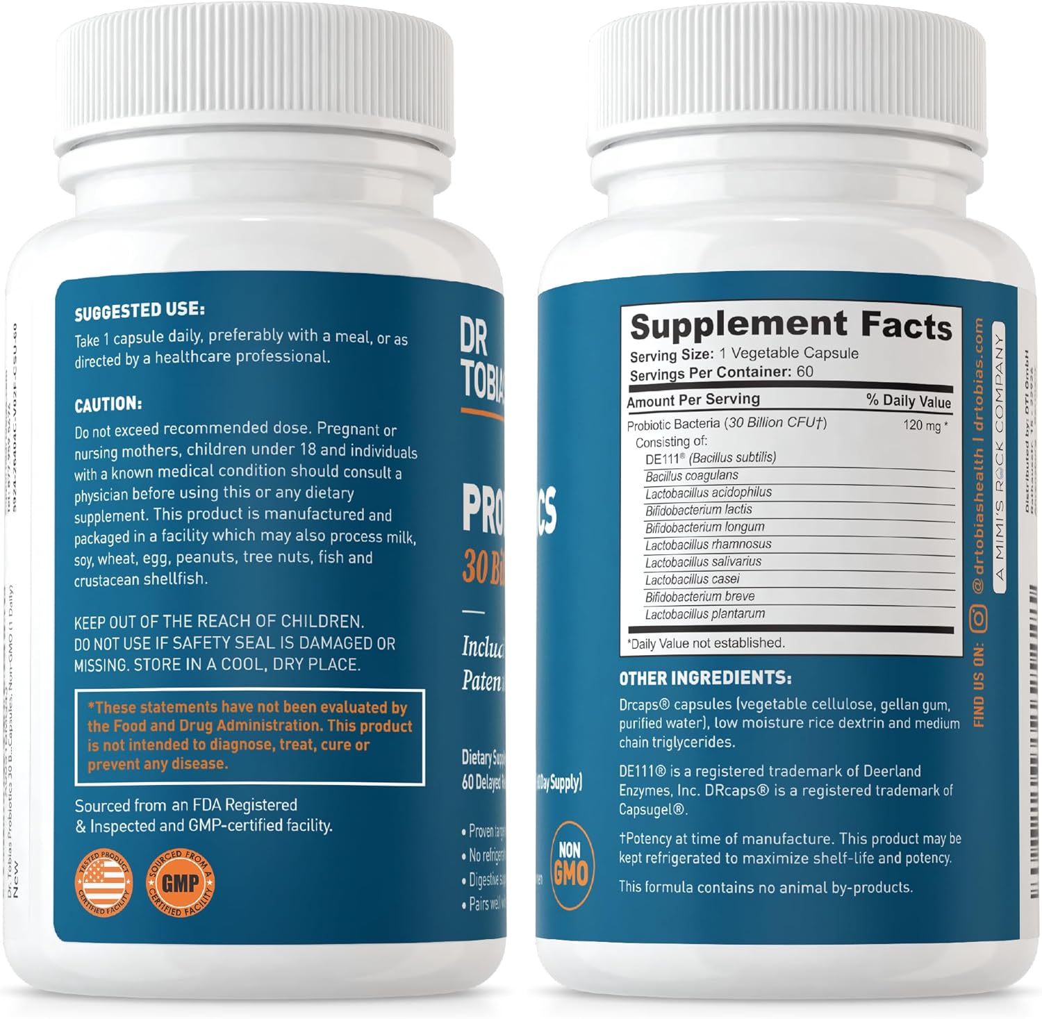 Dr. Tobias Probiotics: 30 Billion CFU, 10 Strains, Digestive Health Support for Men & Women, Non-GMO, 60 Capsules