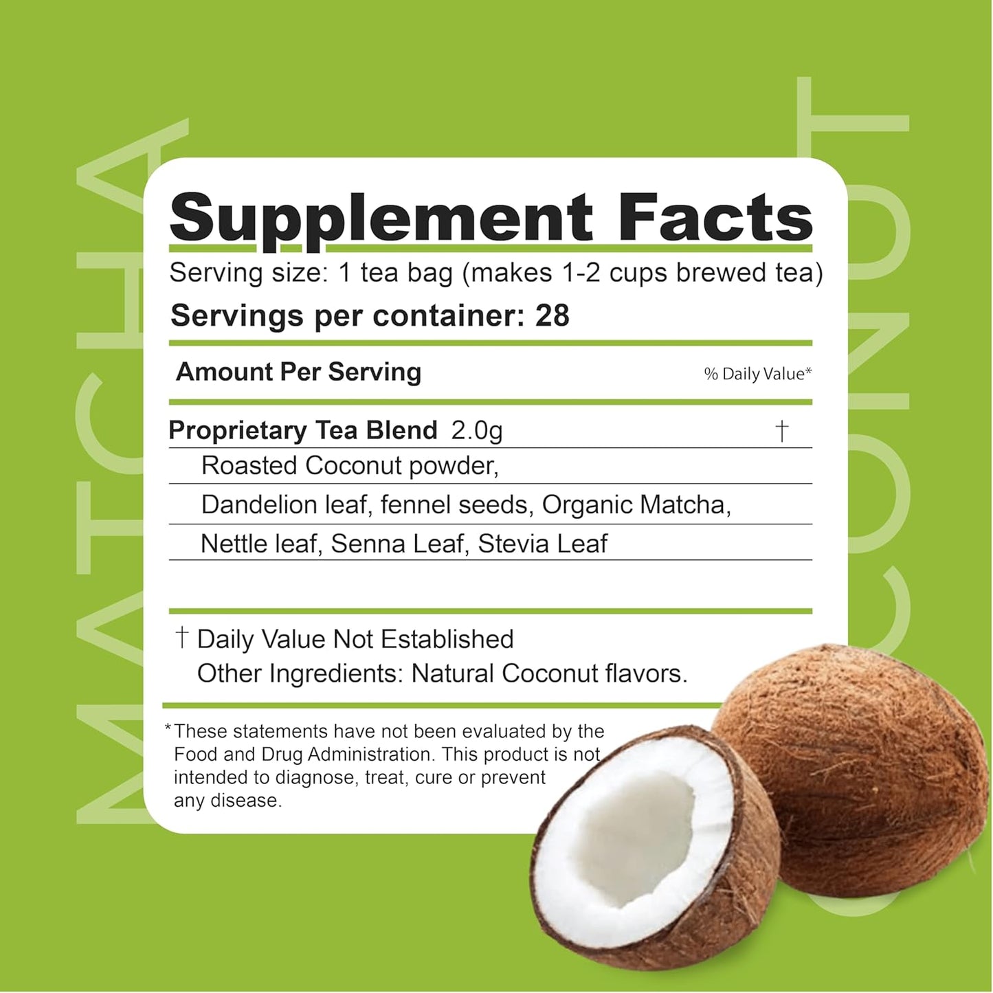 Dr. Zisman ZT Slimming Matcha-Coconut Detox Tea - 28 Tea Bags for Weight Management, Antioxidant Benefits, Mood Enhancement