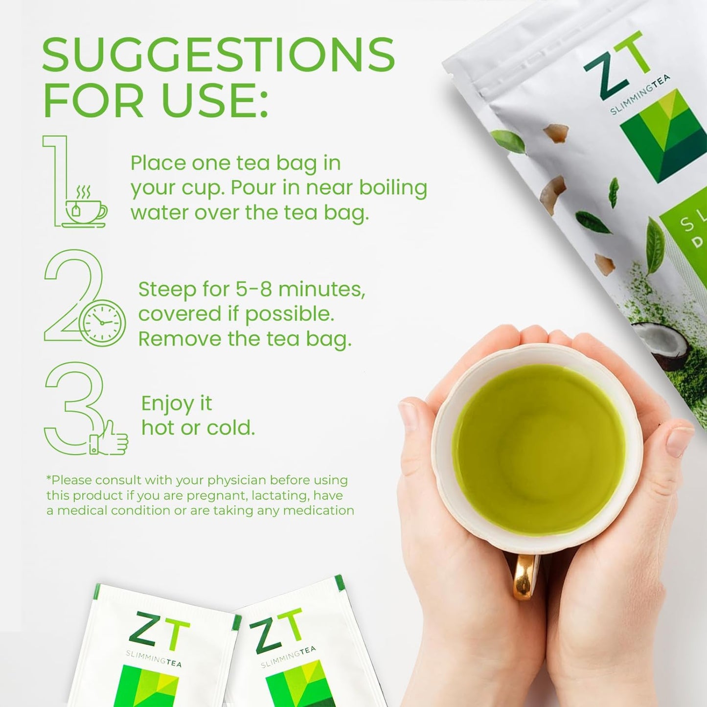 Dr. Zisman ZT Slimming Matcha-Coconut Detox Tea - 28 Tea Bags for Weight Management, Antioxidant Benefits, Mood Enhancement